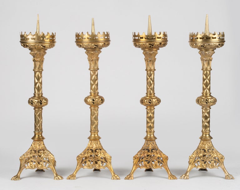 Set of Four French Gilt Bronze Candlesticks Gothic Style End of the