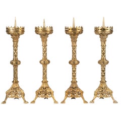 Set of Four French Gilt Bronze Candlesticks Gothic Style End of the 19th Century