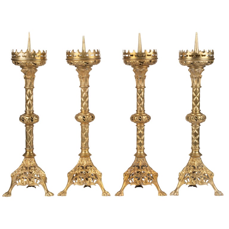 Set of Four French Gilt Bronze Candlesticks Gothic Style End of the