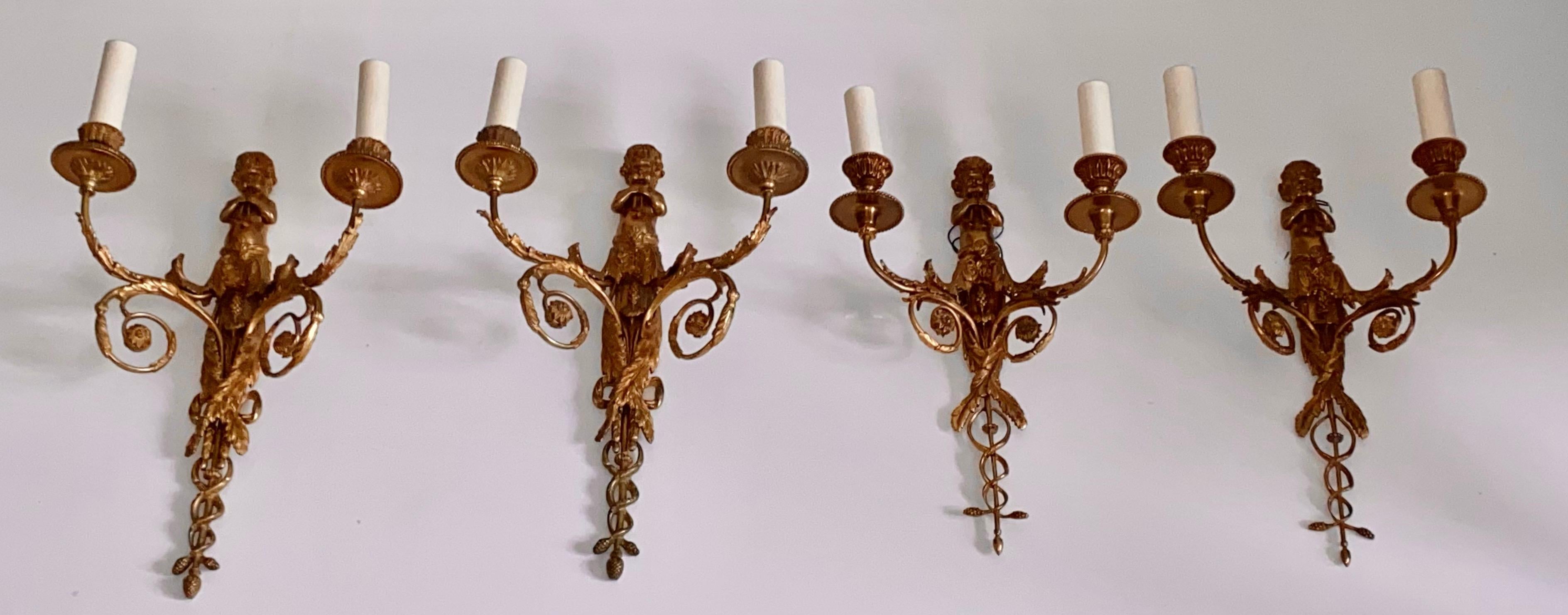 Set of Four French Gilt Bronze Dore Two Branch Cherub Wall Sconces For Sale 6