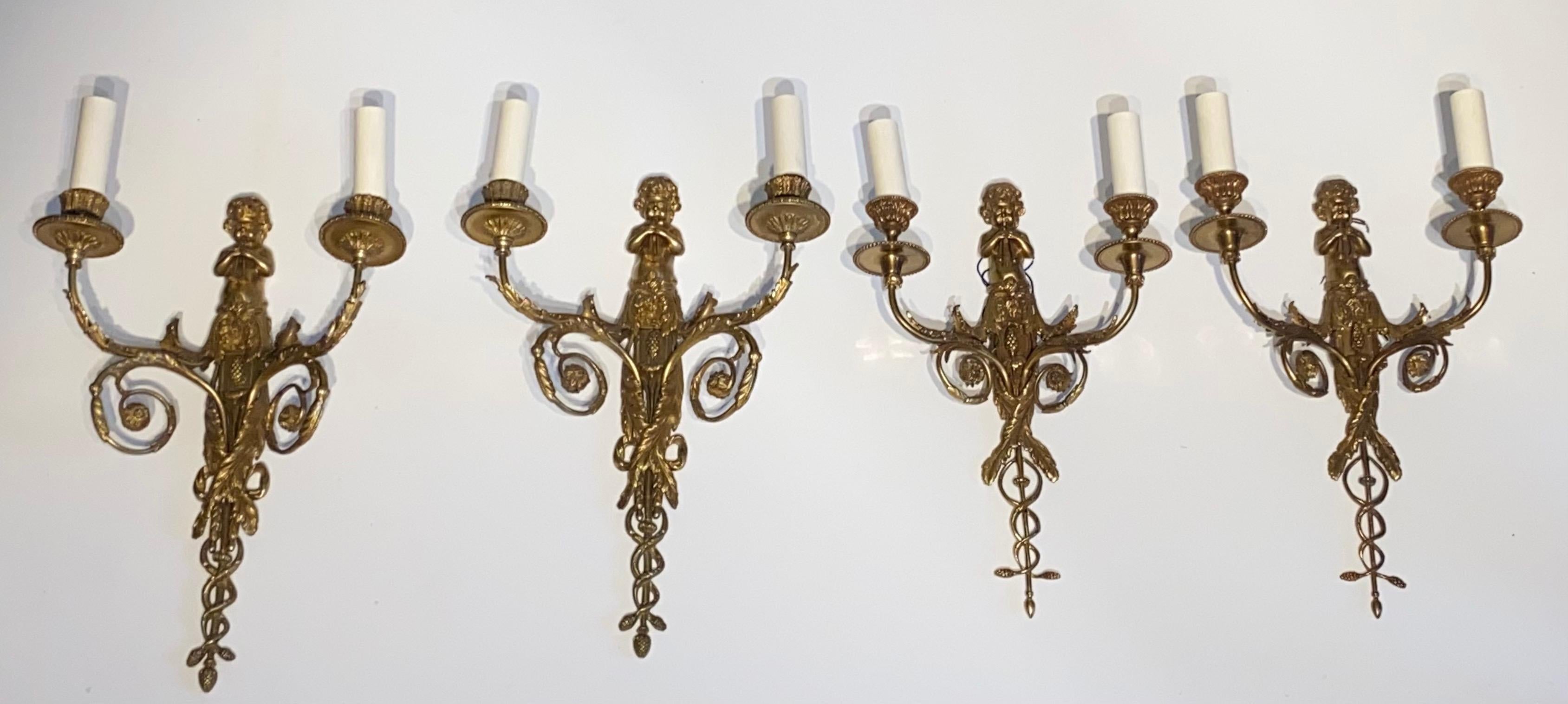 Set of Four French Gilt Bronze Dore Two Branch Cherub Wall Sconces For Sale 7