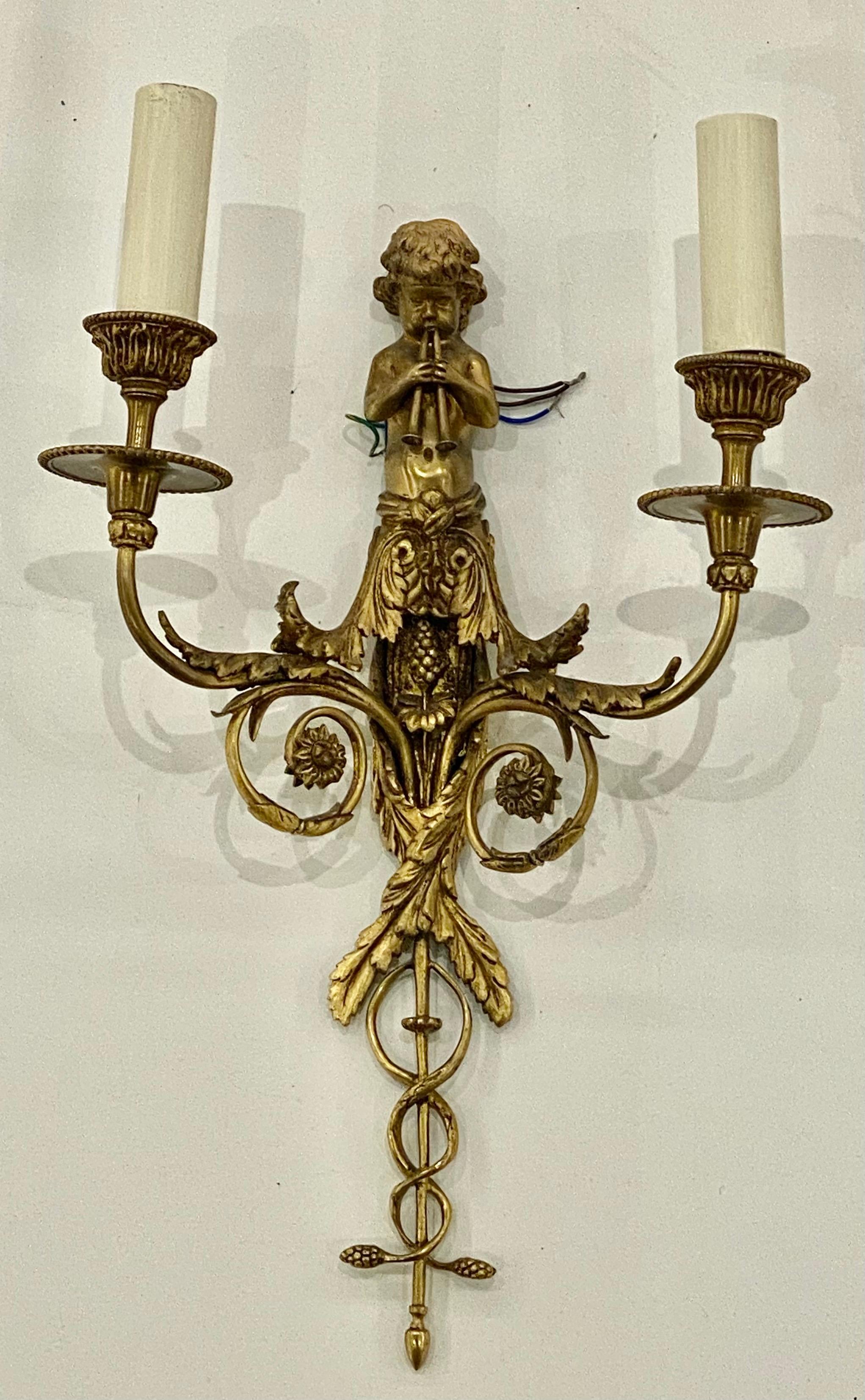 Set of Four French Gilt Bronze Dore Two Branch Cherub Wall Sconces For Sale 9