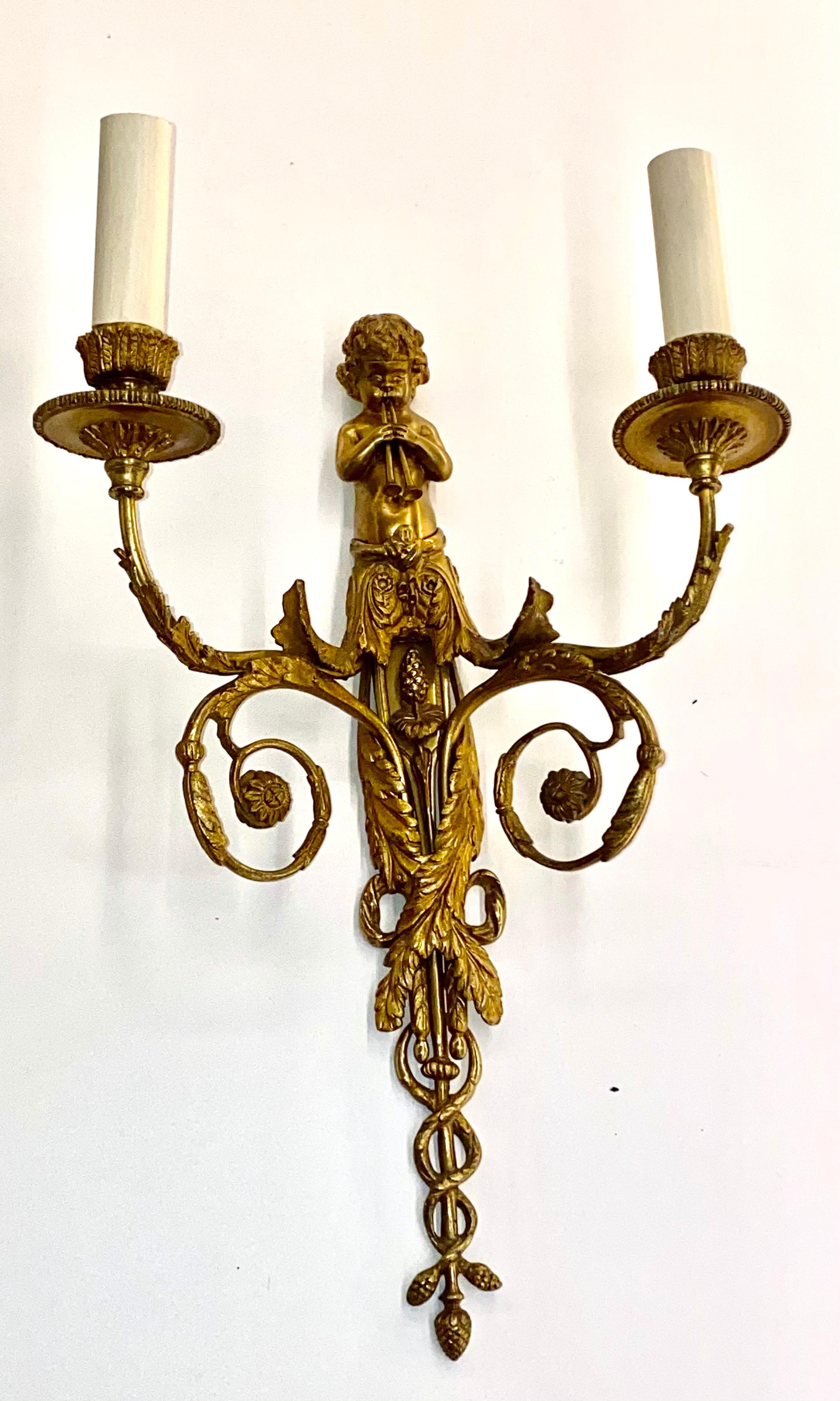 Set of Four French Gilt Bronze Dore Two Branch Cherub Wall Sconces For Sale 10