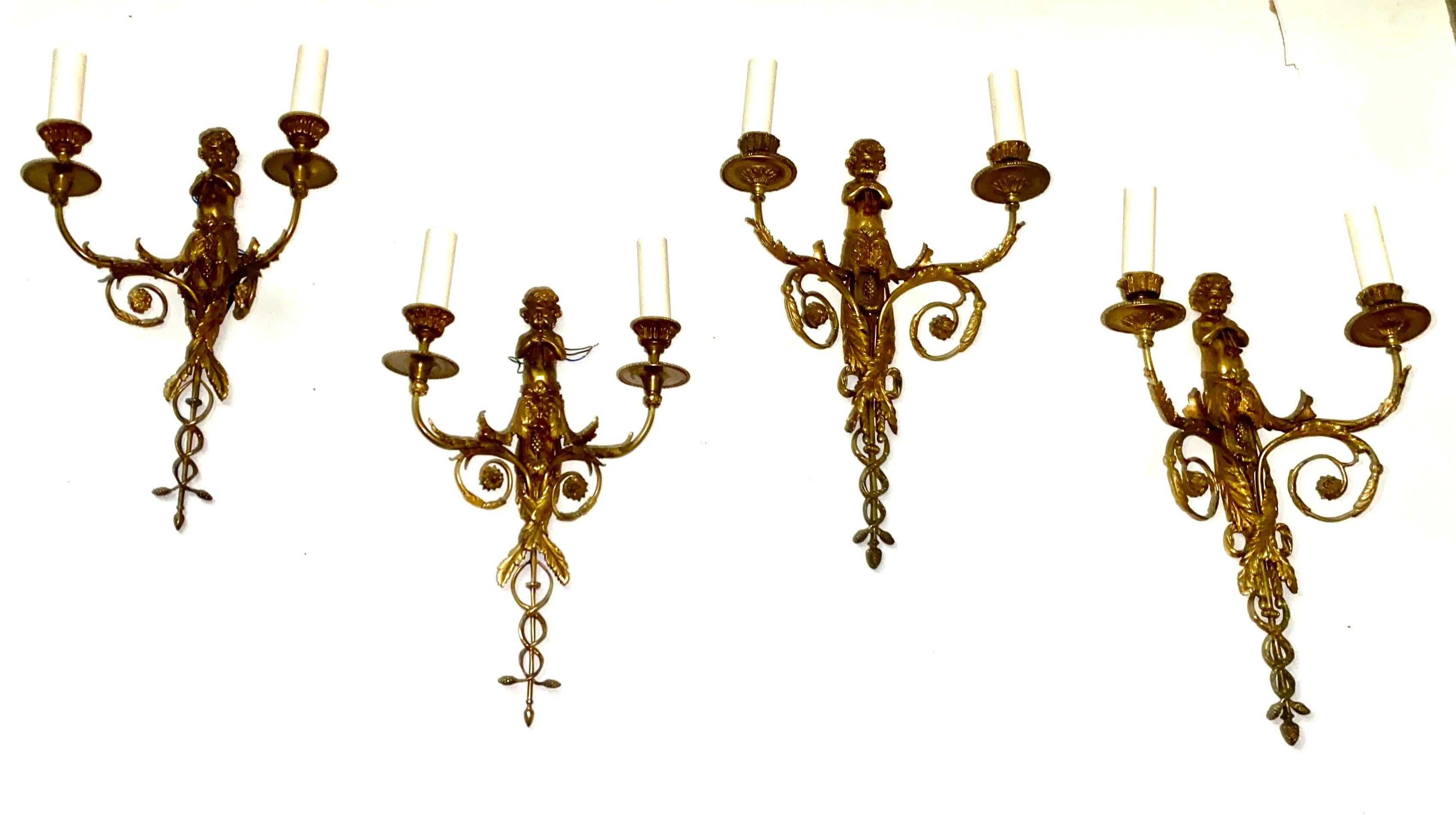Set of Four French Gilt Bronze Dore Two Branch Cherub Wall Sconces For Sale 11