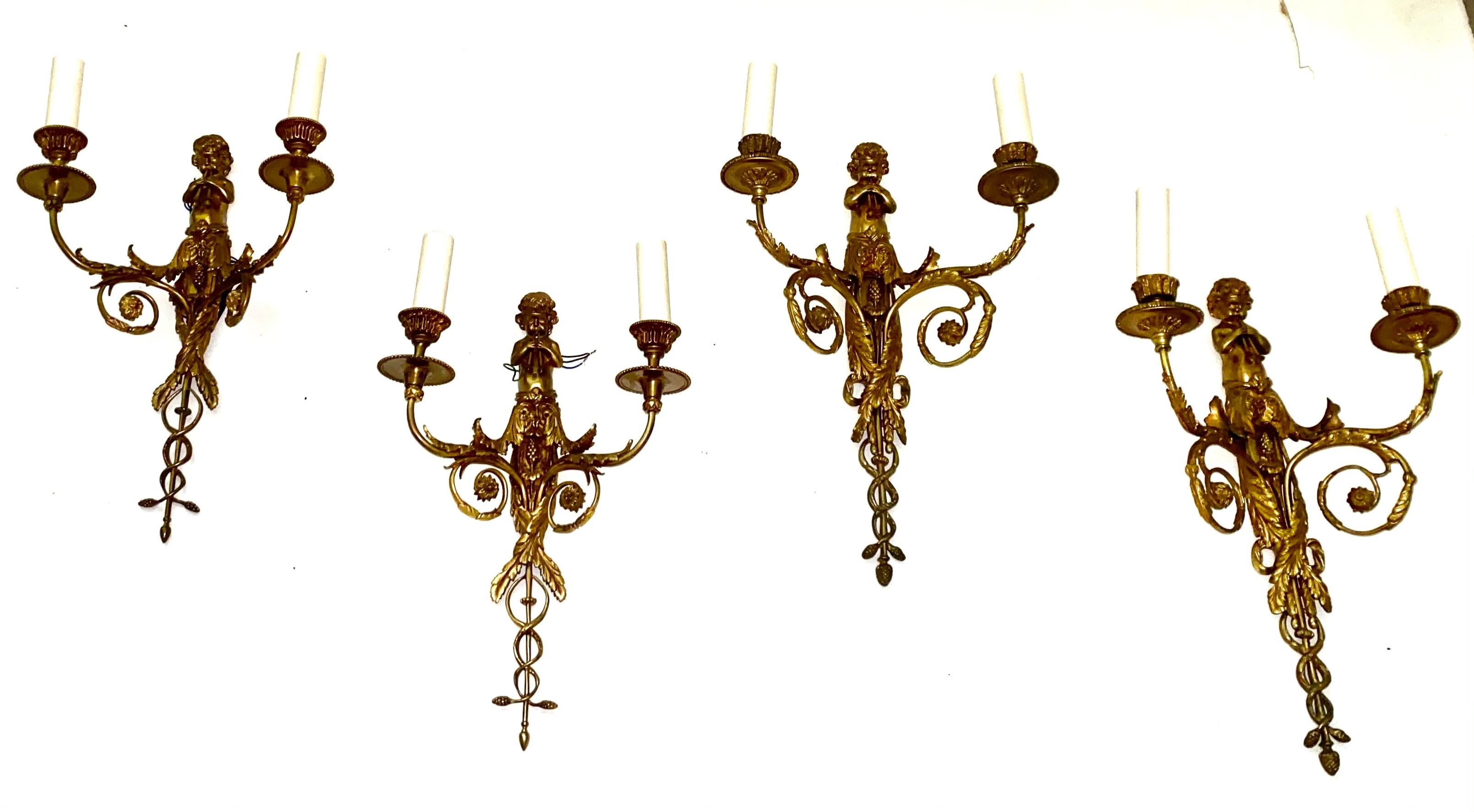 Set of Four French Gilt Bronze Dore Two Branch Cherub Wall Sconces For Sale 12