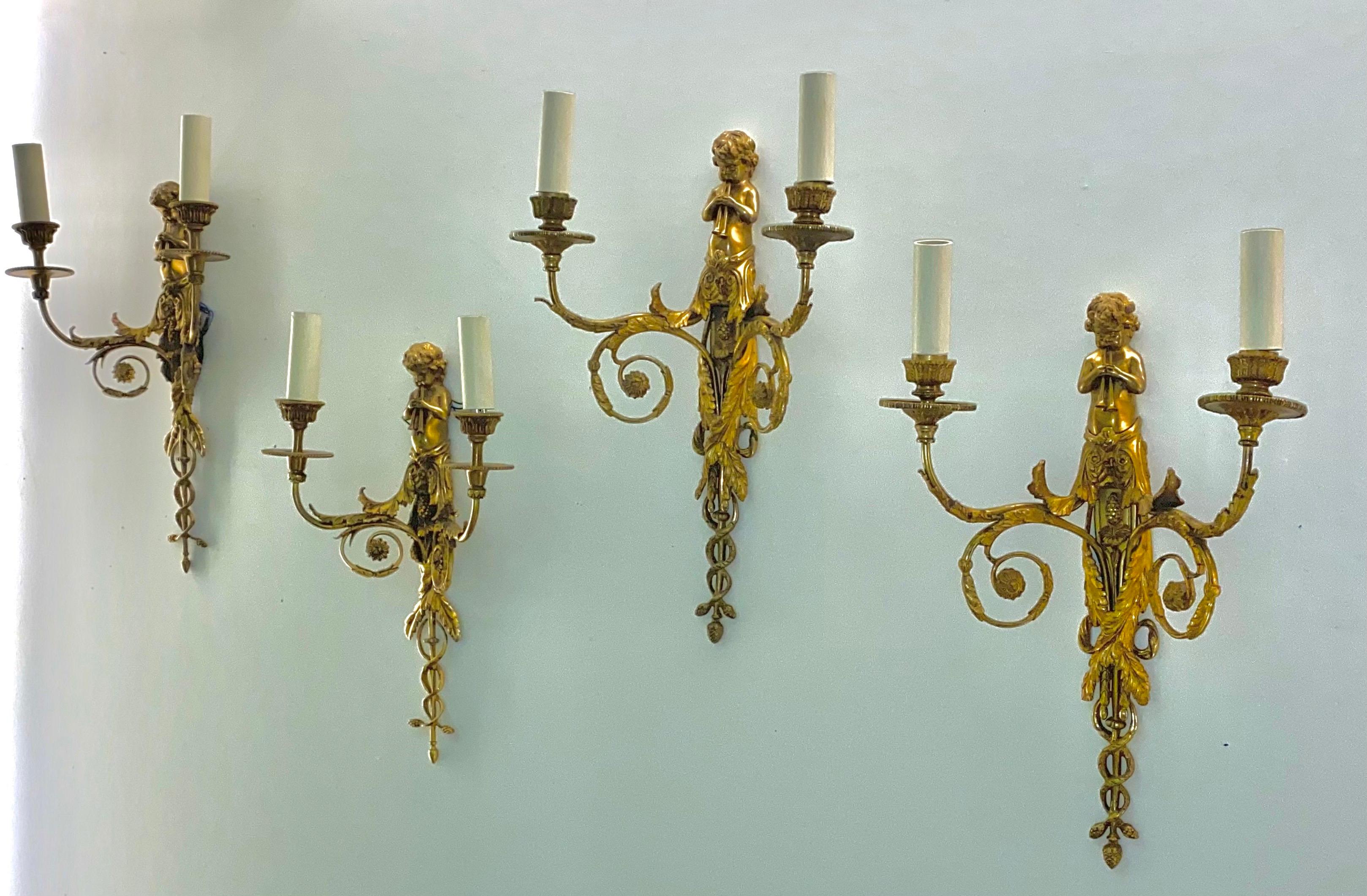 Set of Four French Gilt Bronze Dore Two Branch Cherub Wall Sconces For Sale 15