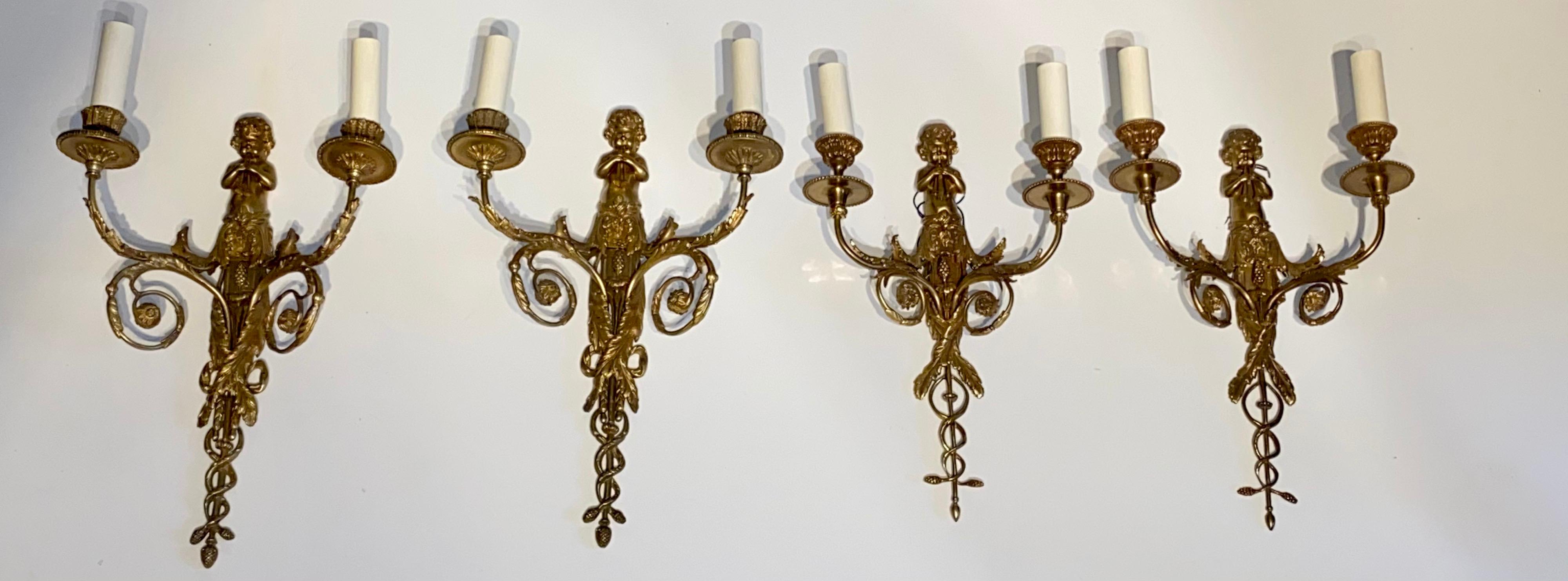 Set of Four French Gilt Bronze Dore Two Branch Cherub Wall Sconces In Good Condition For Sale In London, GB