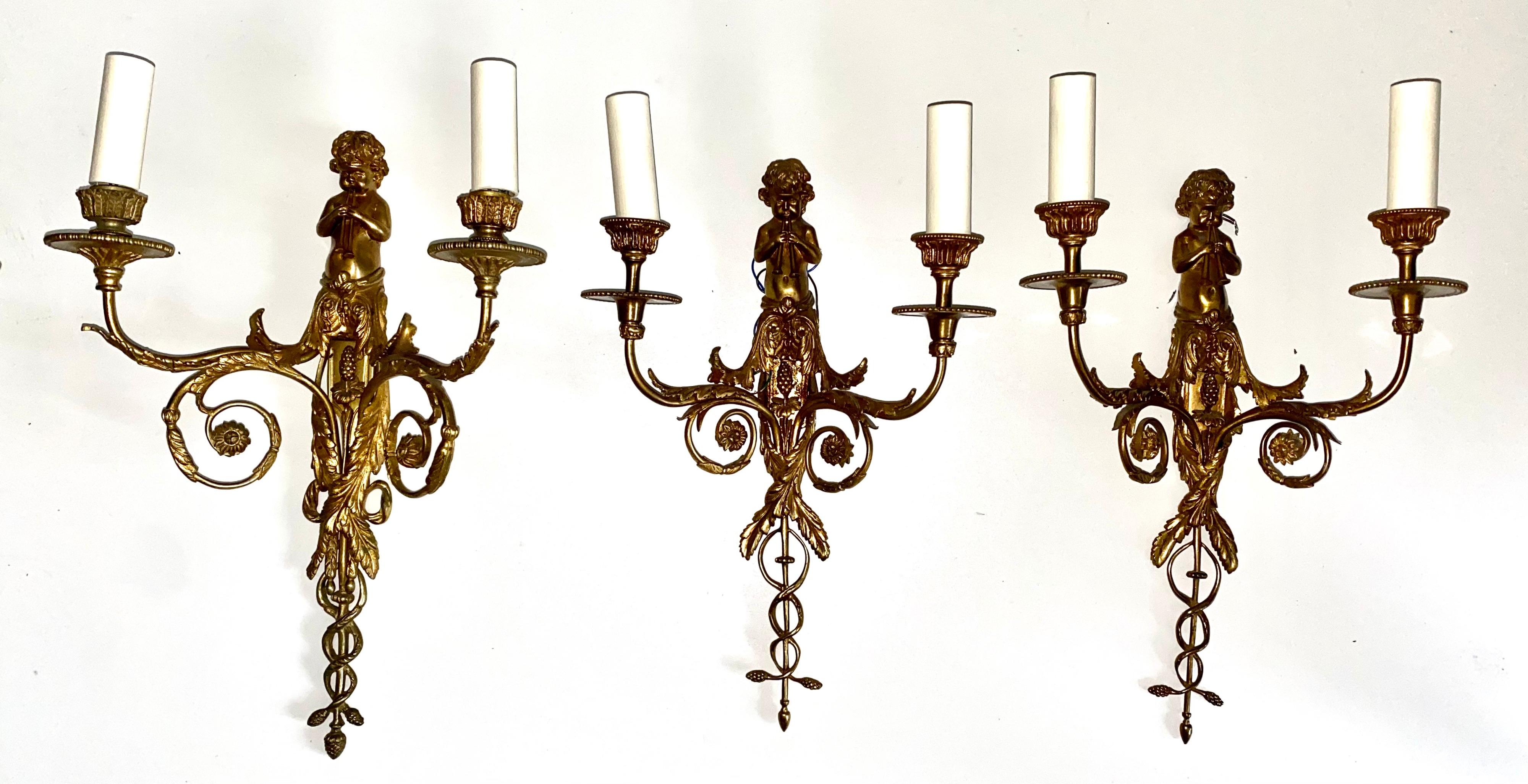 Late 19th Century Set of Four French Gilt Bronze Dore Two Branch Cherub Wall Sconces For Sale