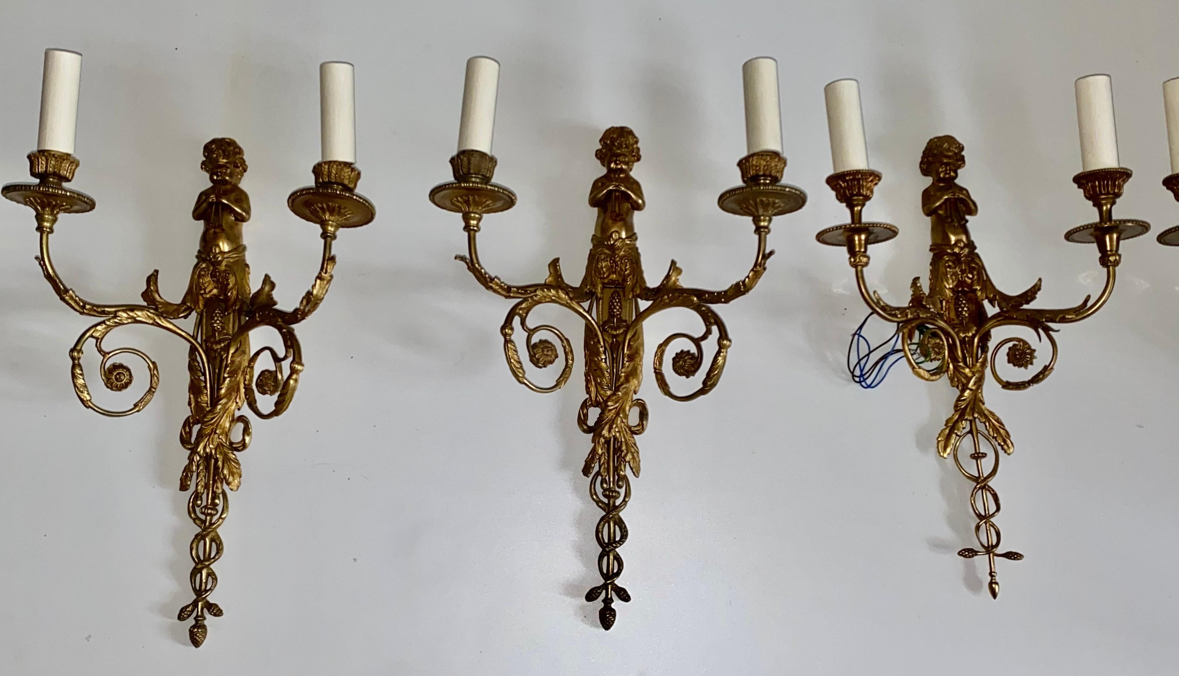 Set of Four French Gilt Bronze Dore Two Branch Cherub Wall Sconces For Sale 2