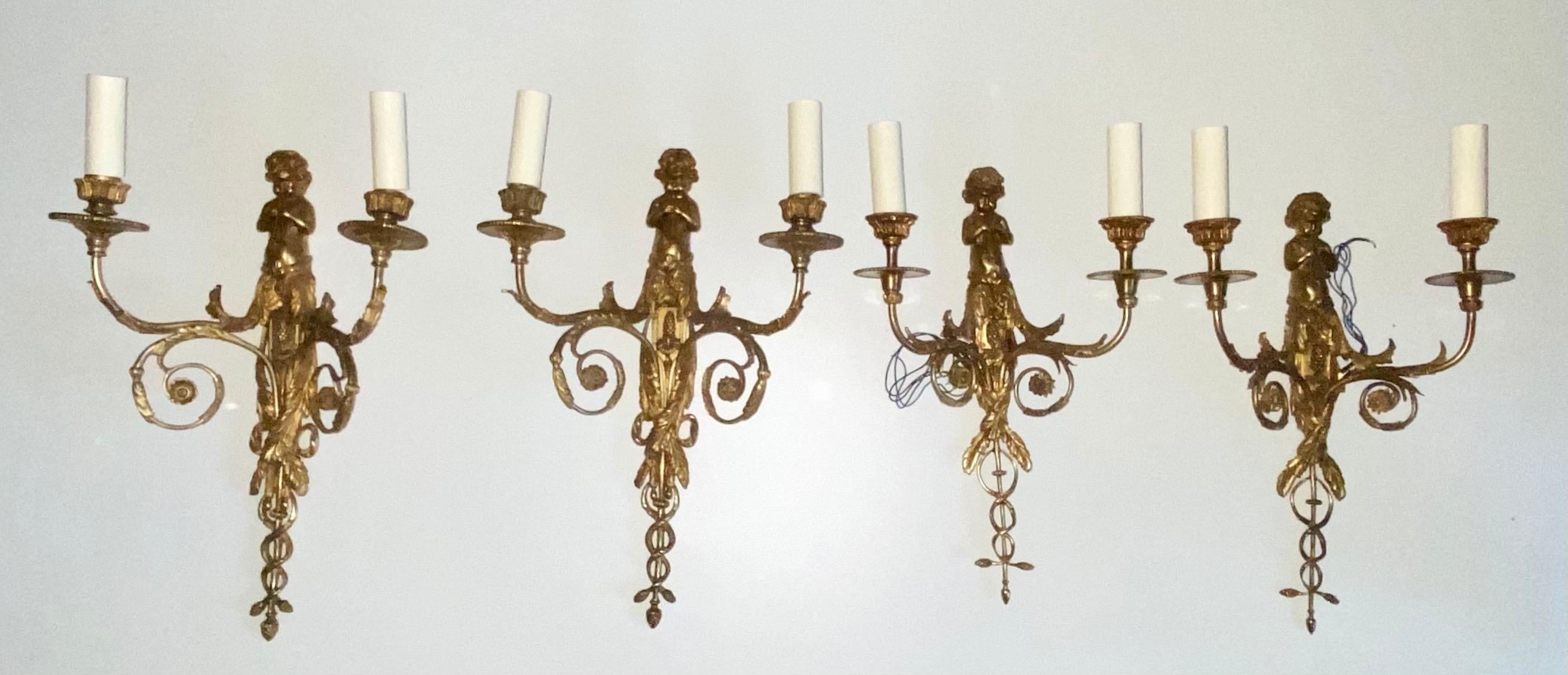 Set of Four French Gilt Bronze Dore Two Branch Cherub Wall Sconces For Sale 3