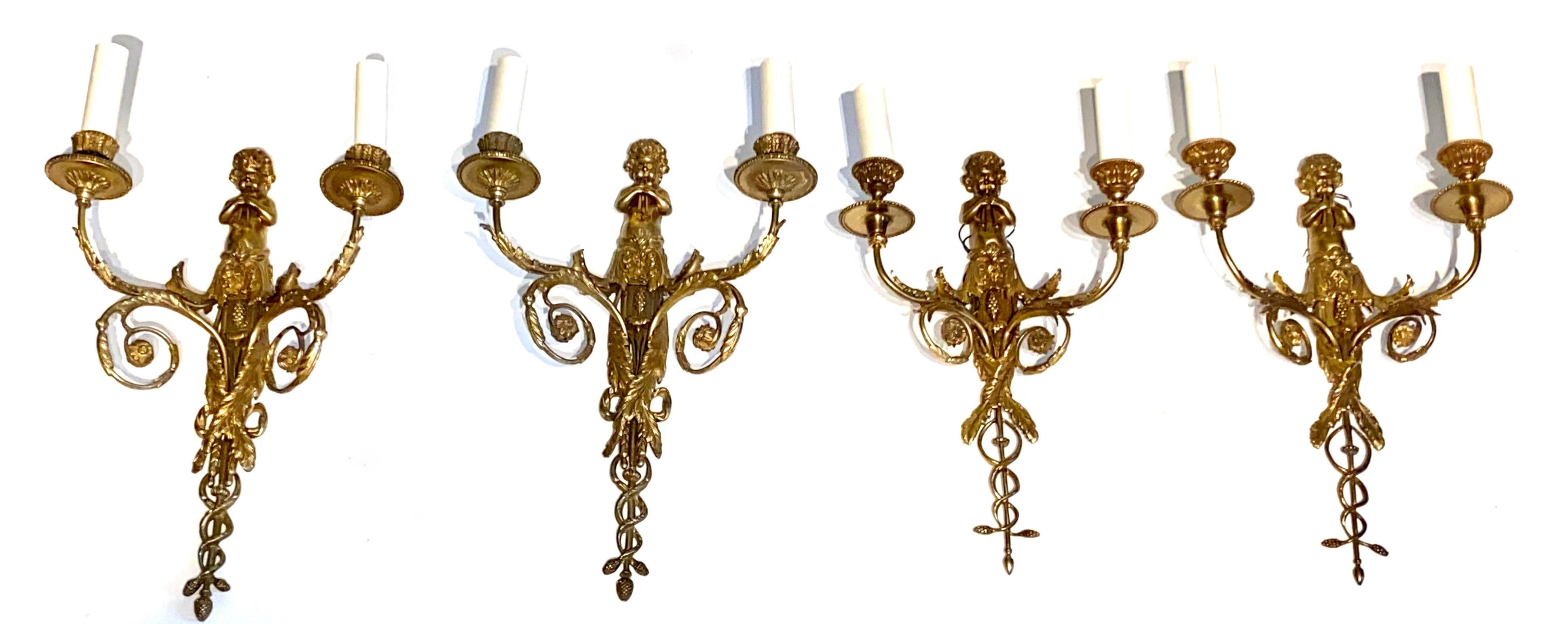 Set of Four French Gilt Bronze Dore Two Branch Cherub Wall Sconces For Sale 4