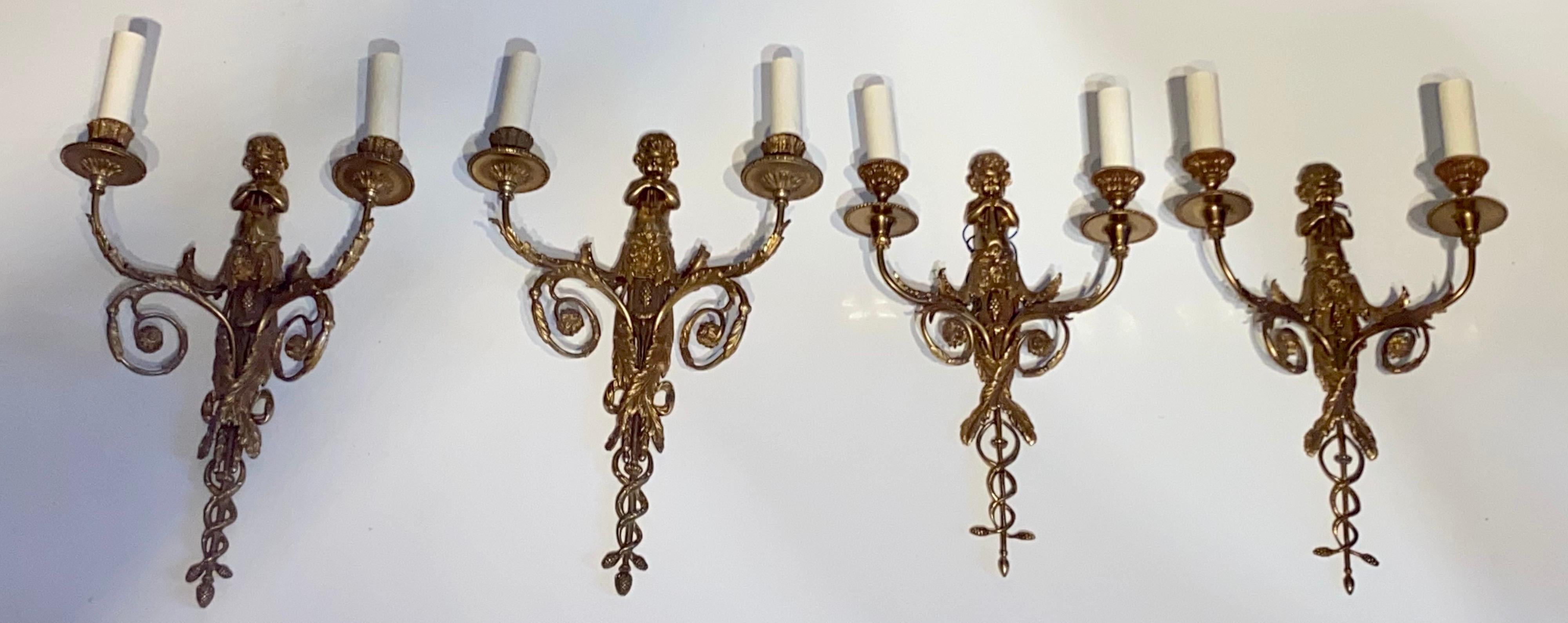Set of Four French Gilt Bronze Dore Two Branch Cherub Wall Sconces For Sale 5