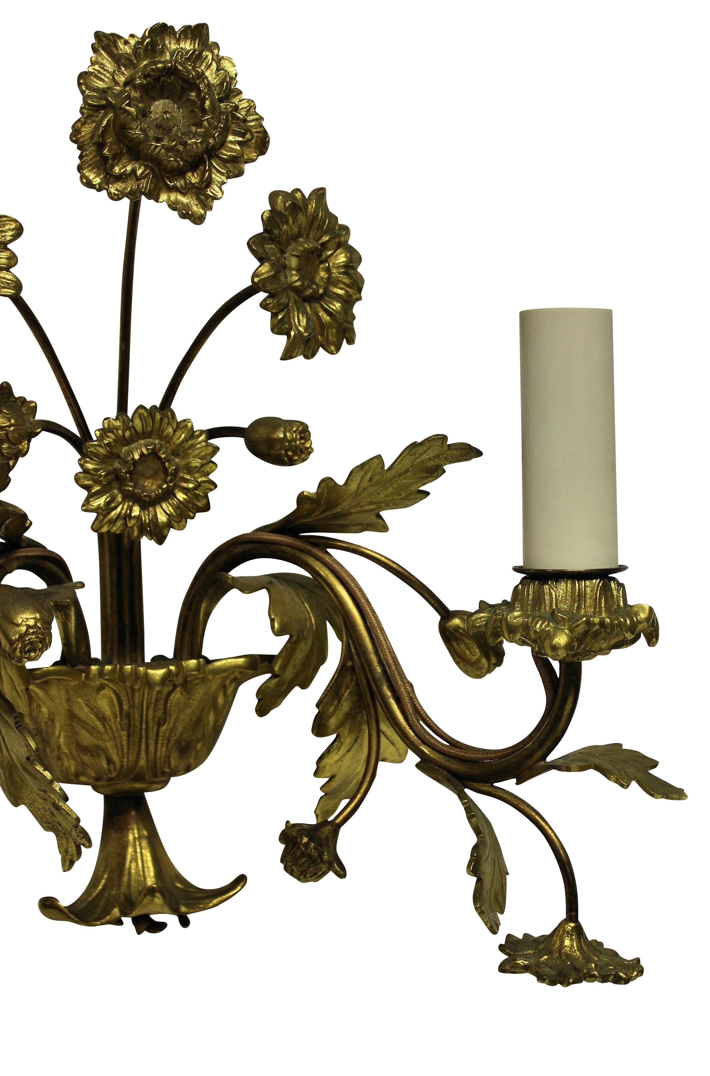 Mid-20th Century Set of Four French Gilt Bronze Flower Sconces