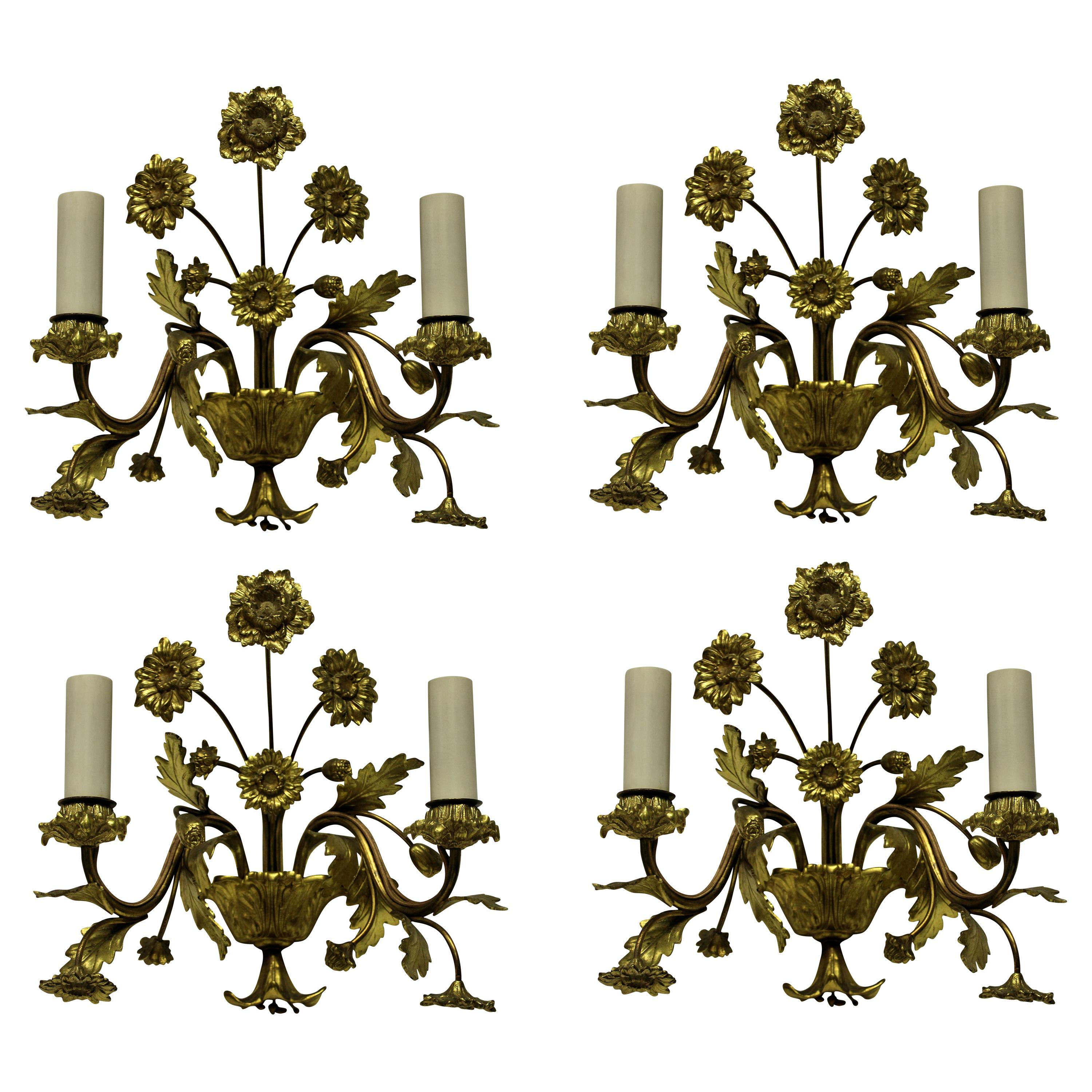 Set of Four French Gilt Bronze Flower Sconces