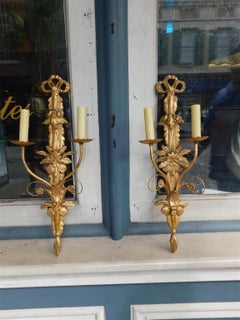 Set of Four French Gilt Wood & Gesso Foliate Ribbon Two Arm Wall Sconces, C 1830