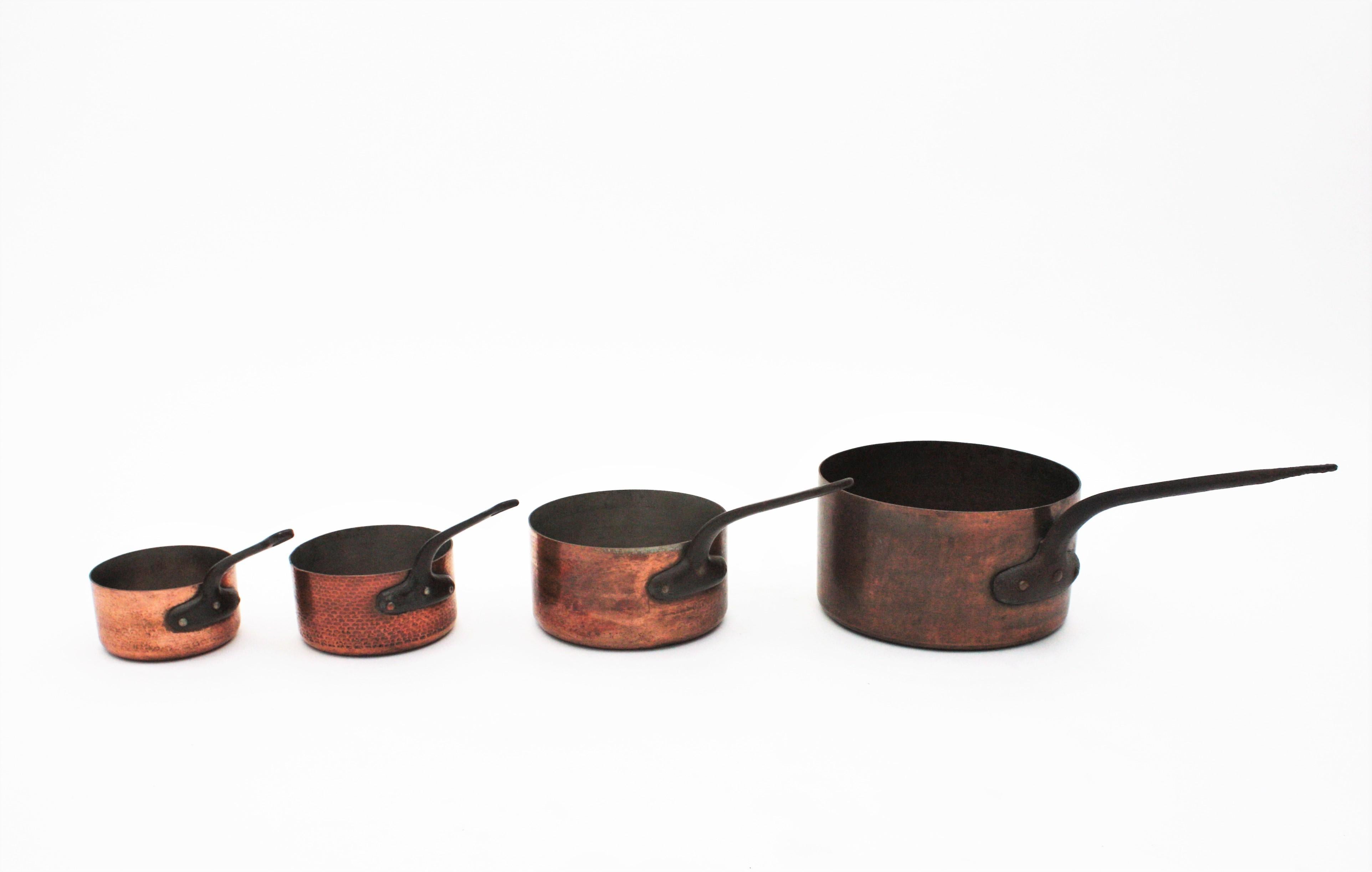 20th Century Set of Four French Copper Saucepans with Iron Handles, 1940s For Sale