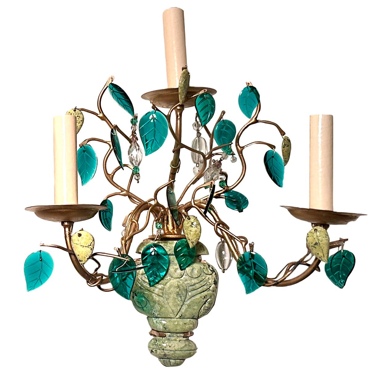 A set of 4 green semi precious stone gilt sconces with glass leaves. Sold per pair. Sold in pairs.

Measurements:
Height: 15