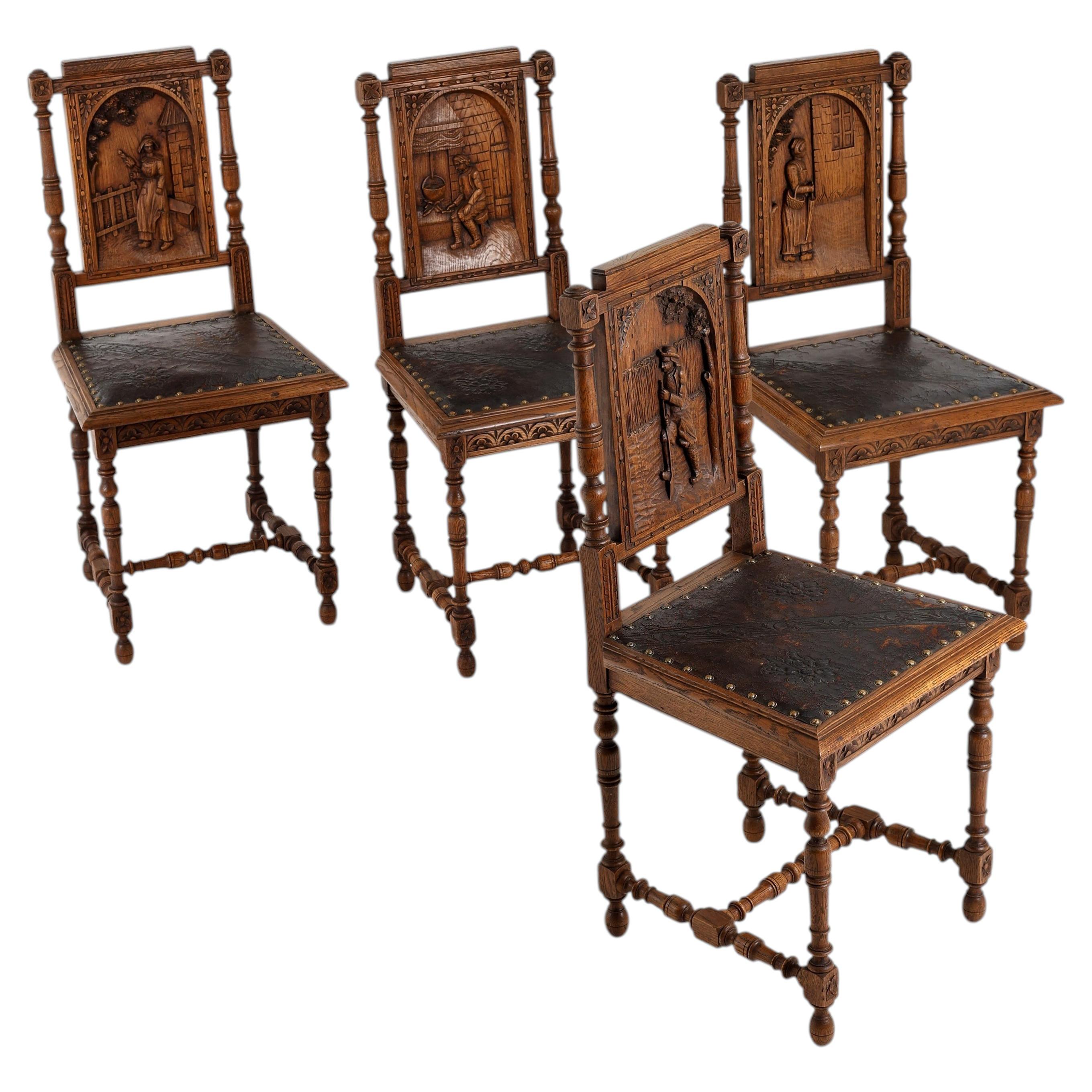 Viersitzer-Set aus französischen Henri-II-Esszimmerstühlen aus geschnitztem Eichenholz mit figürlichen Paneelen, CIRCA im Angebot