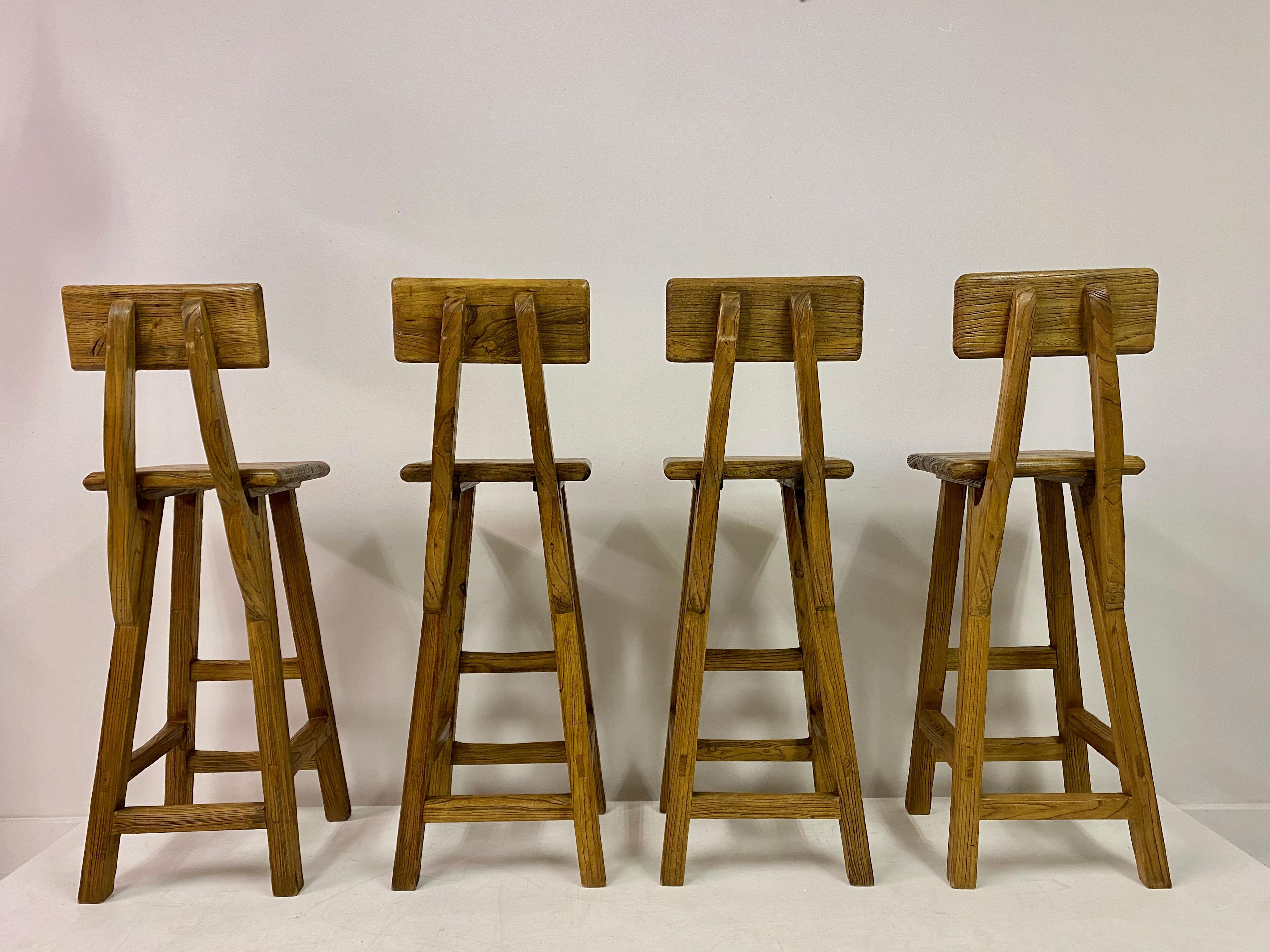 Set of Four French High Stools in Solid Elm For Sale 5