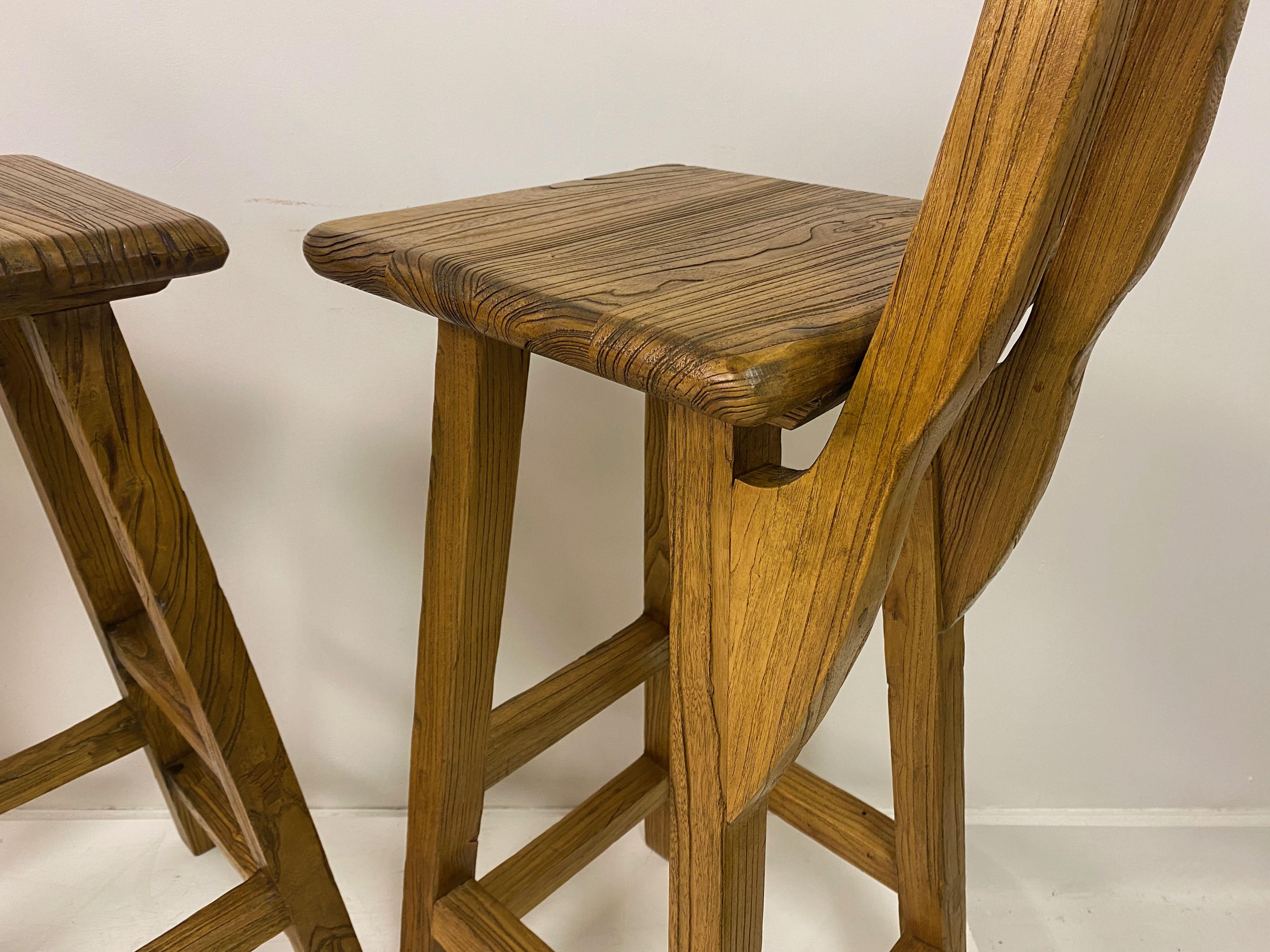 Set of Four French High Stools in Solid Elm For Sale 6