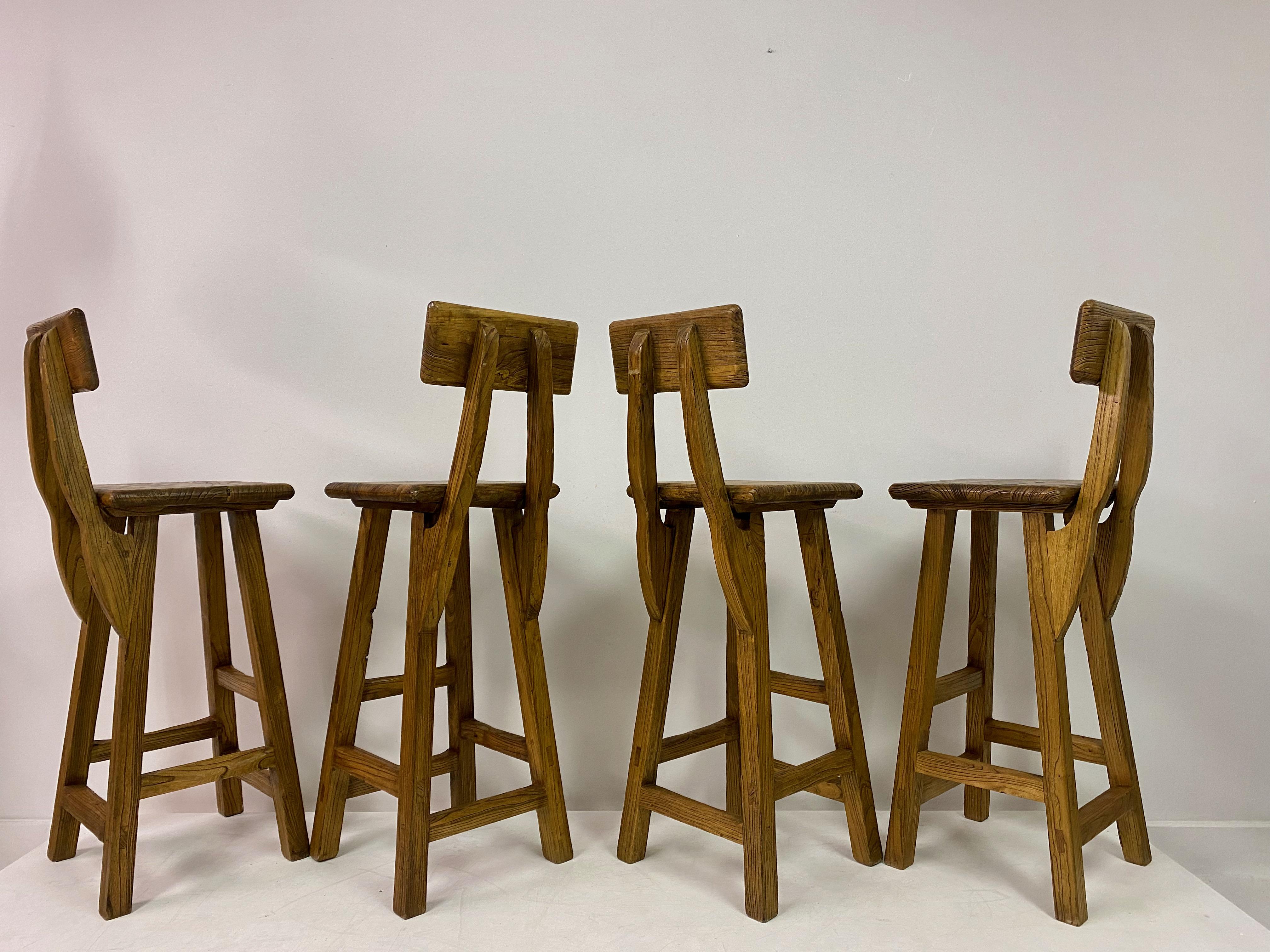 Set of Four French High Stools in Solid Elm For Sale 7