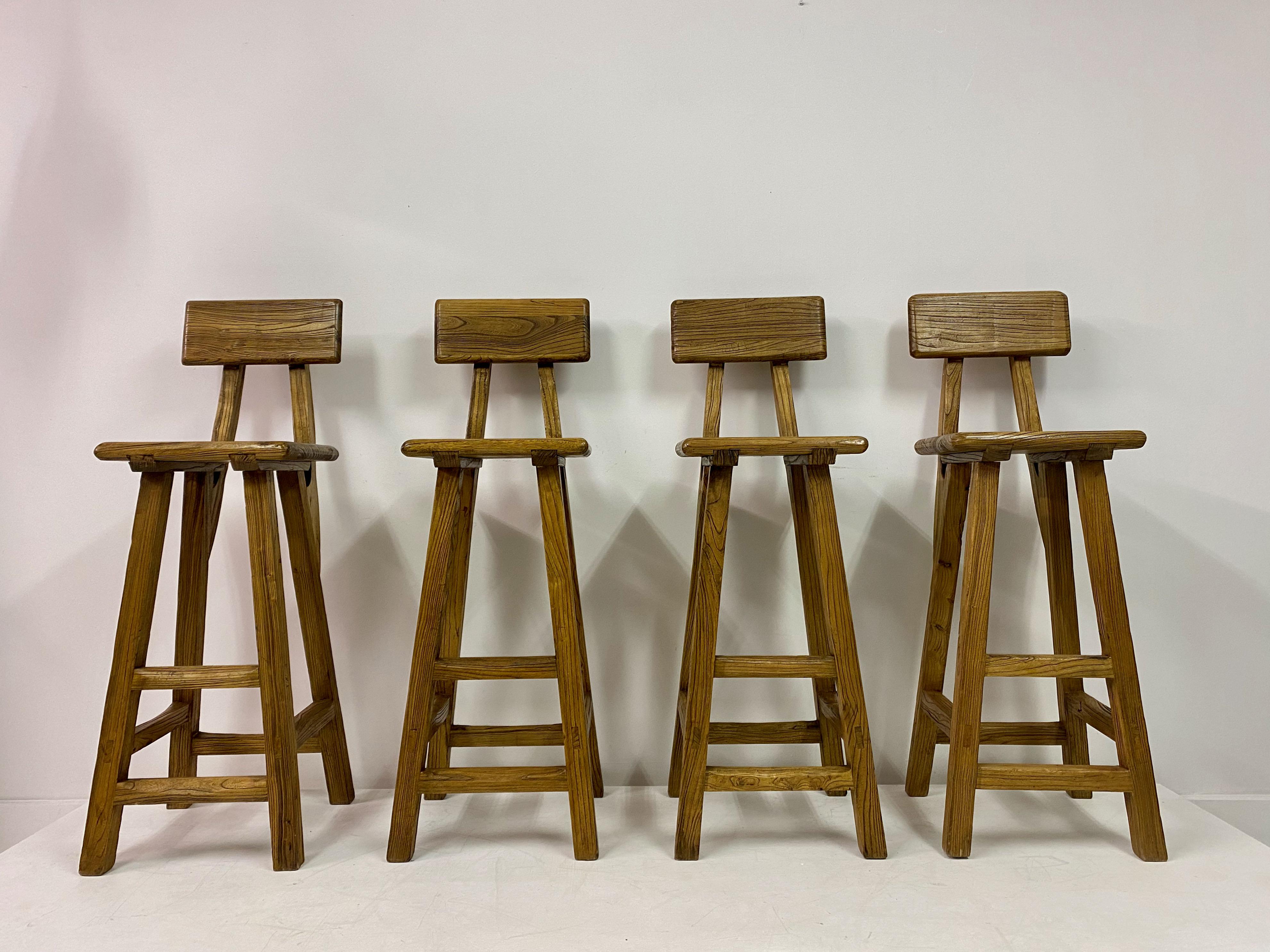 Set of four high stools

Made from solid elm

Mid to late 20th Century

French

Seat height 80cm.