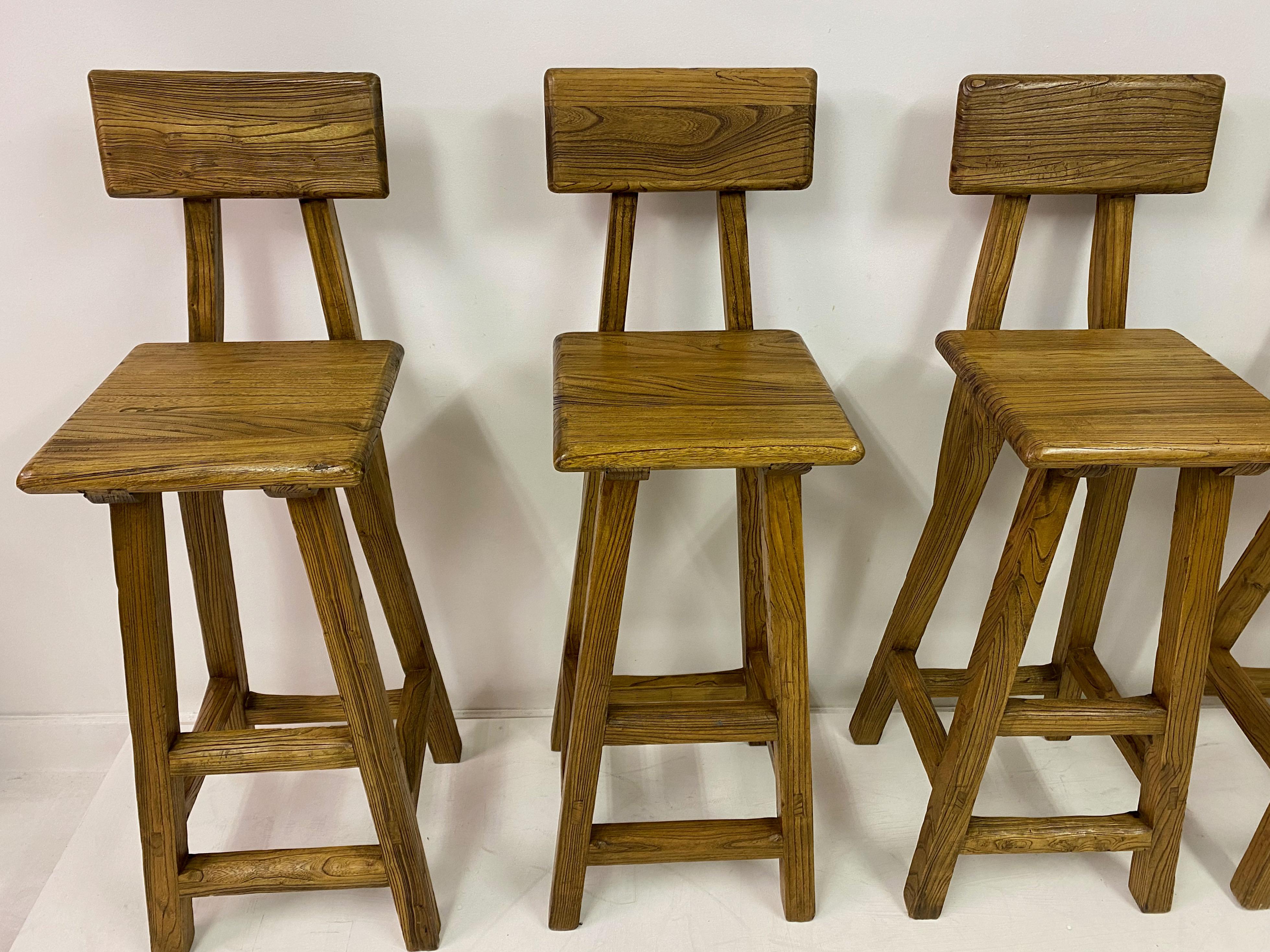 Mid-Century Modern Set of Four French High Stools in Solid Elm For Sale