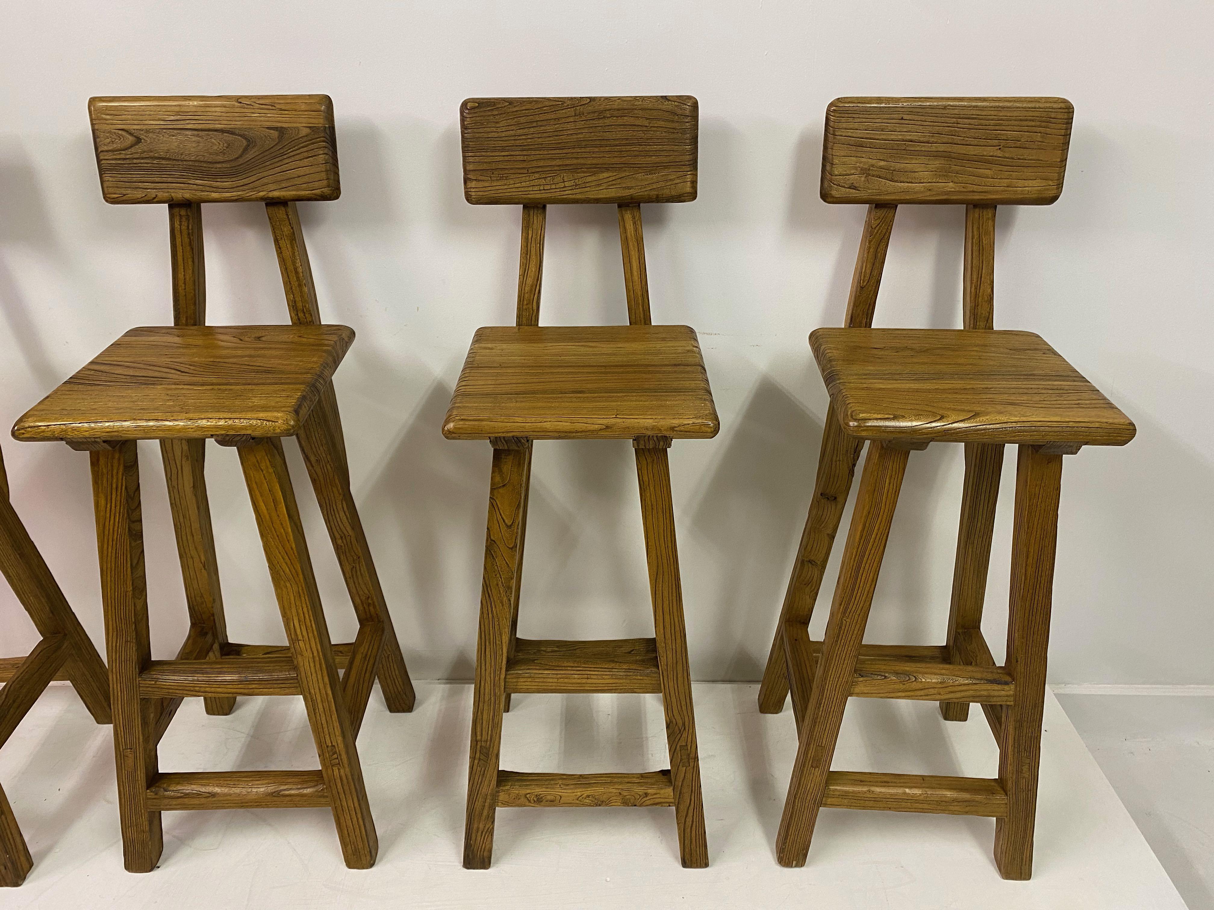 Set of Four French High Stools in Solid Elm In Good Condition For Sale In London, London