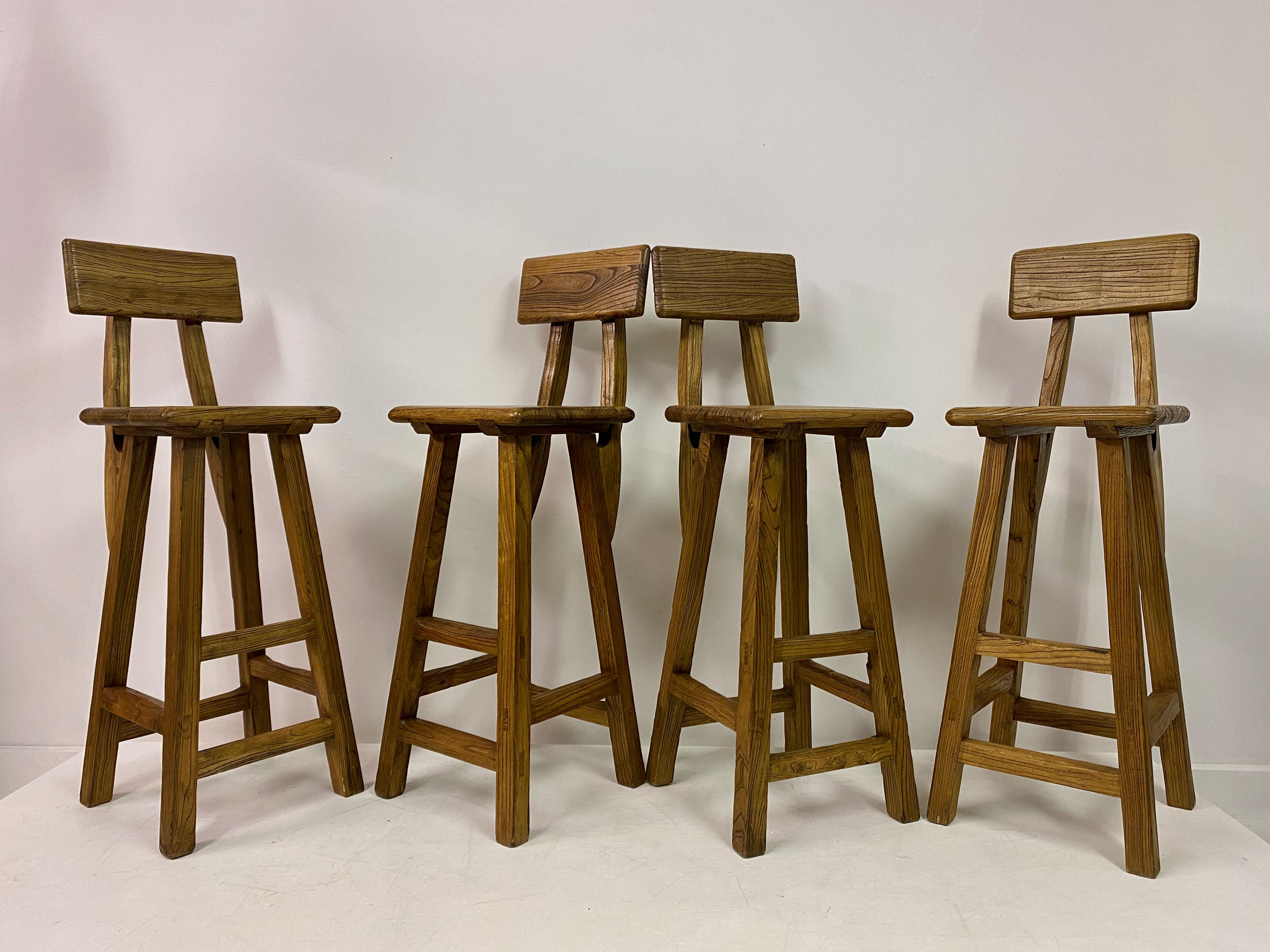 20th Century Set of Four French High Stools in Solid Elm For Sale