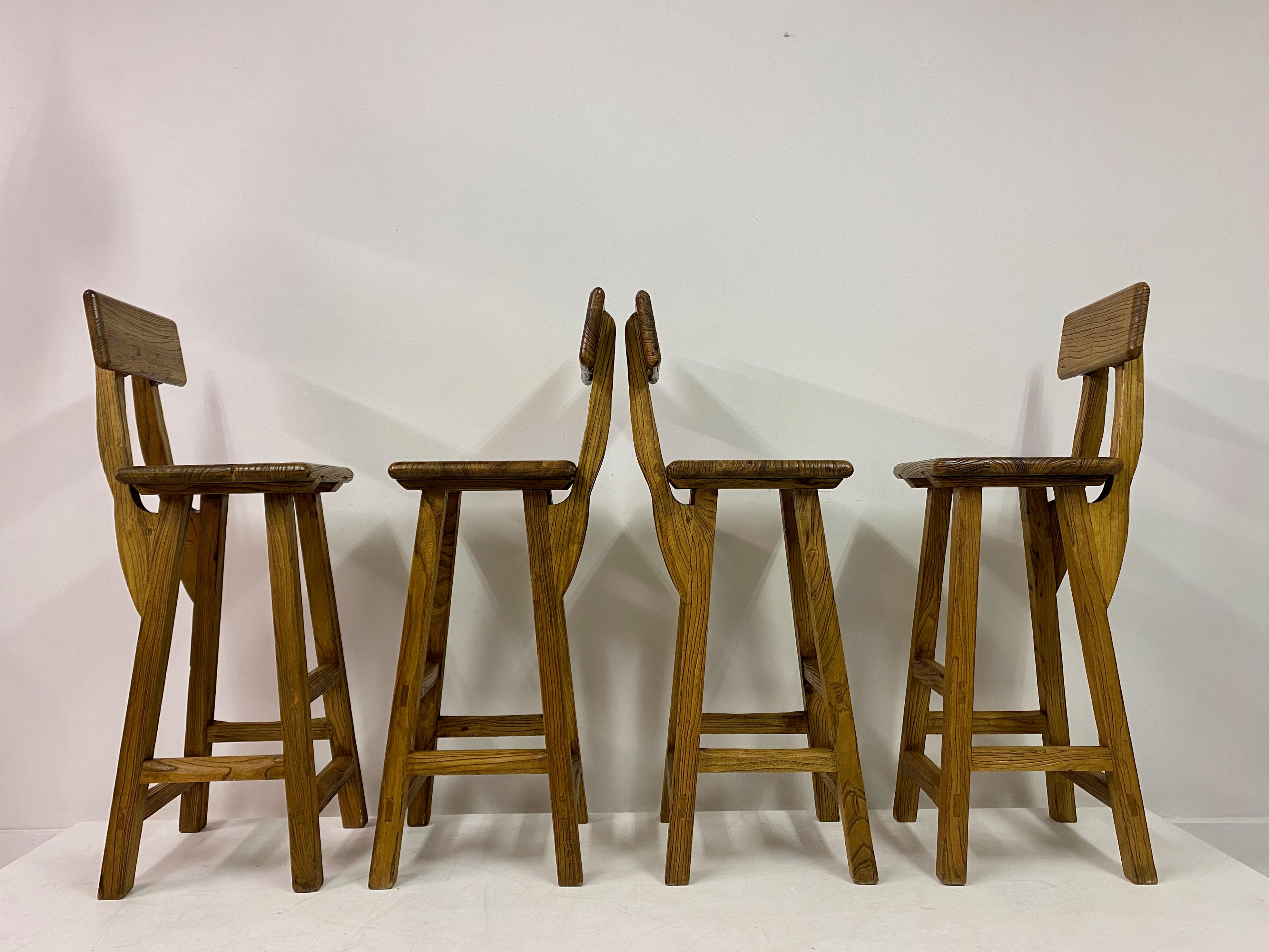 Set of Four French High Stools in Solid Elm For Sale 3