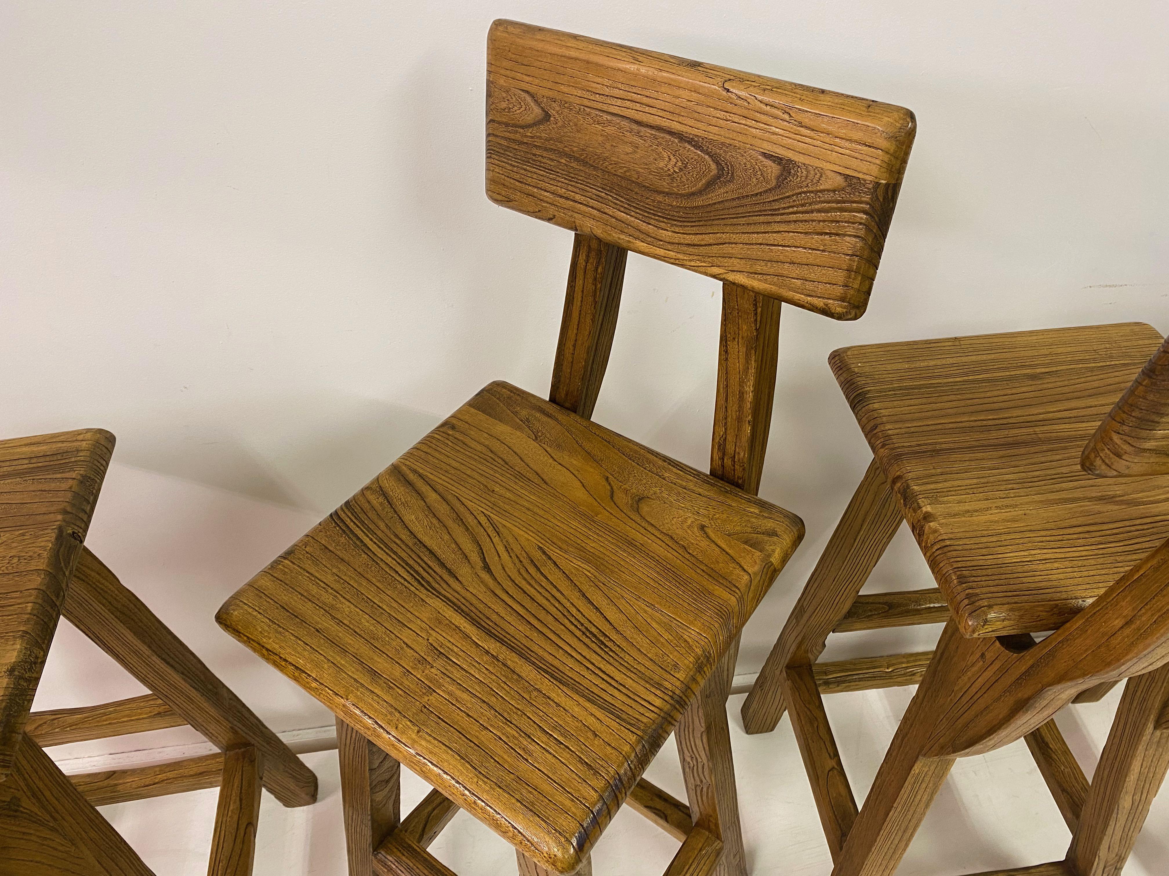 Set of Four French High Stools in Solid Elm For Sale 4