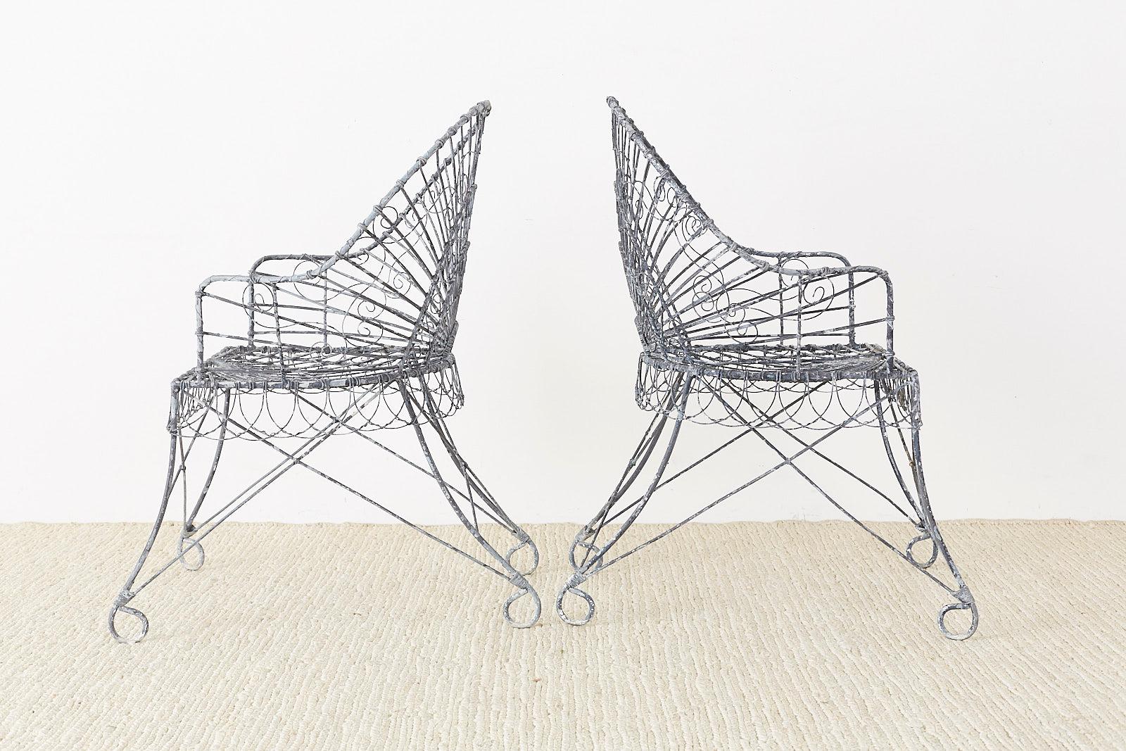 Art Nouveau Set of Four French Iron and Wire Garden Chairs