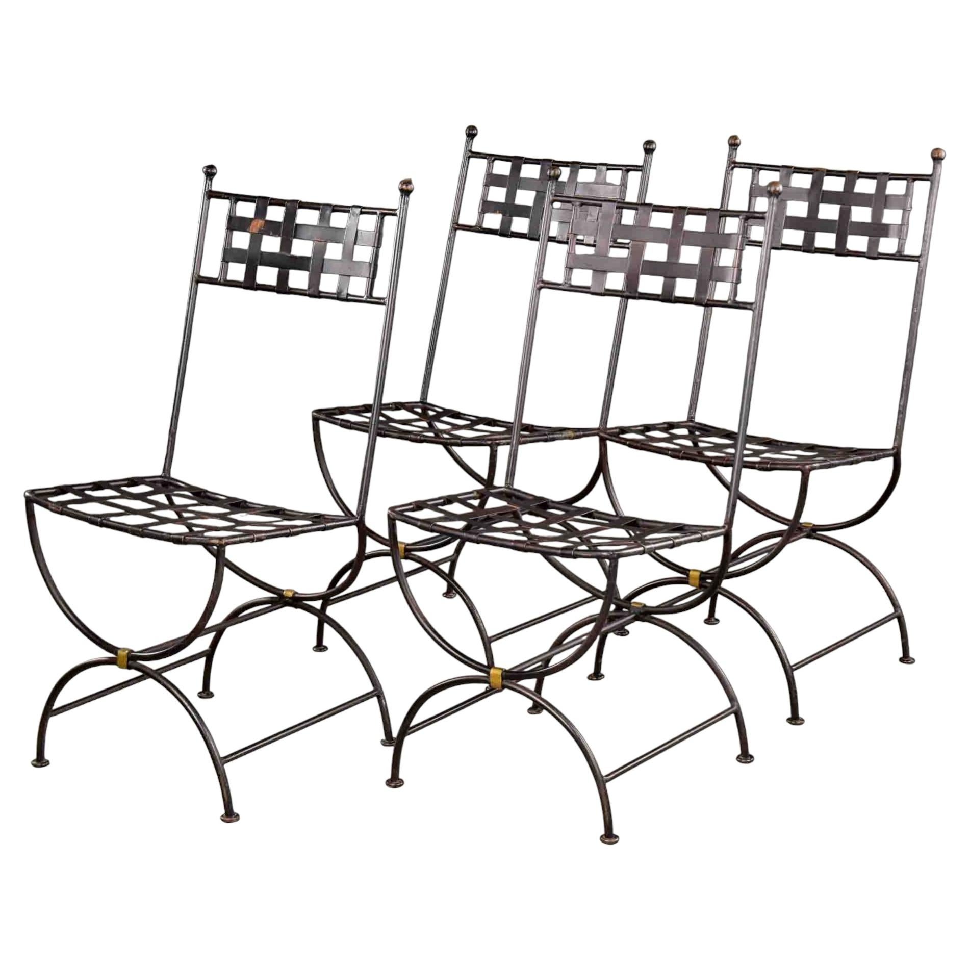 Set of Four French Iron Curule Side Chairs with Woven Strap Seats