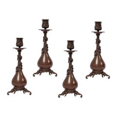 Set of Four French Japonisme Bronze Candlesticks by Ferdinand Barbedienne