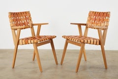 Set of Four Jens Risom Style Woven Leather Strap Dining Armchairs