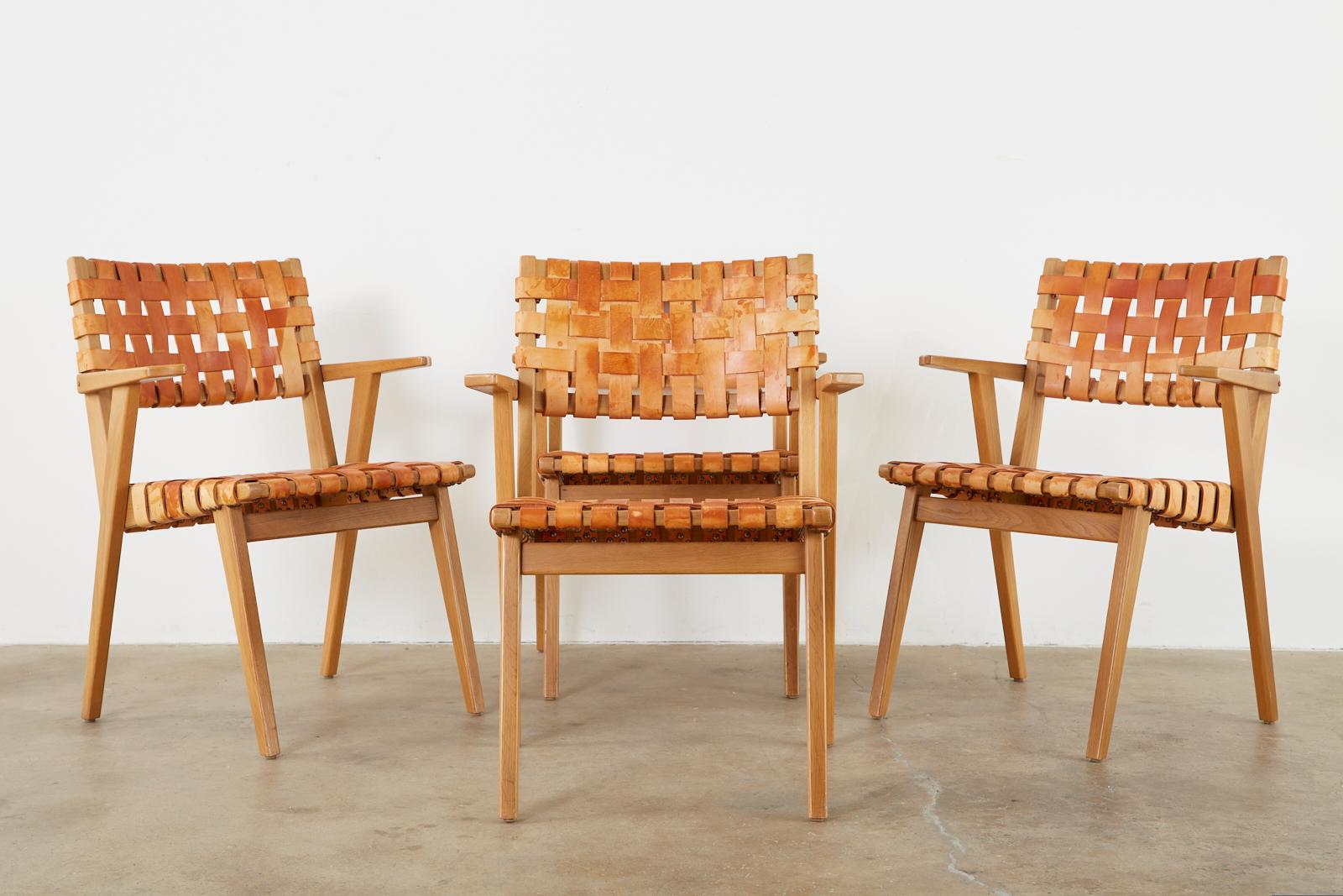 Mid-Century Modern Set of Four Jens Risom Style Woven Leather Strap Dining Armchairs For Sale