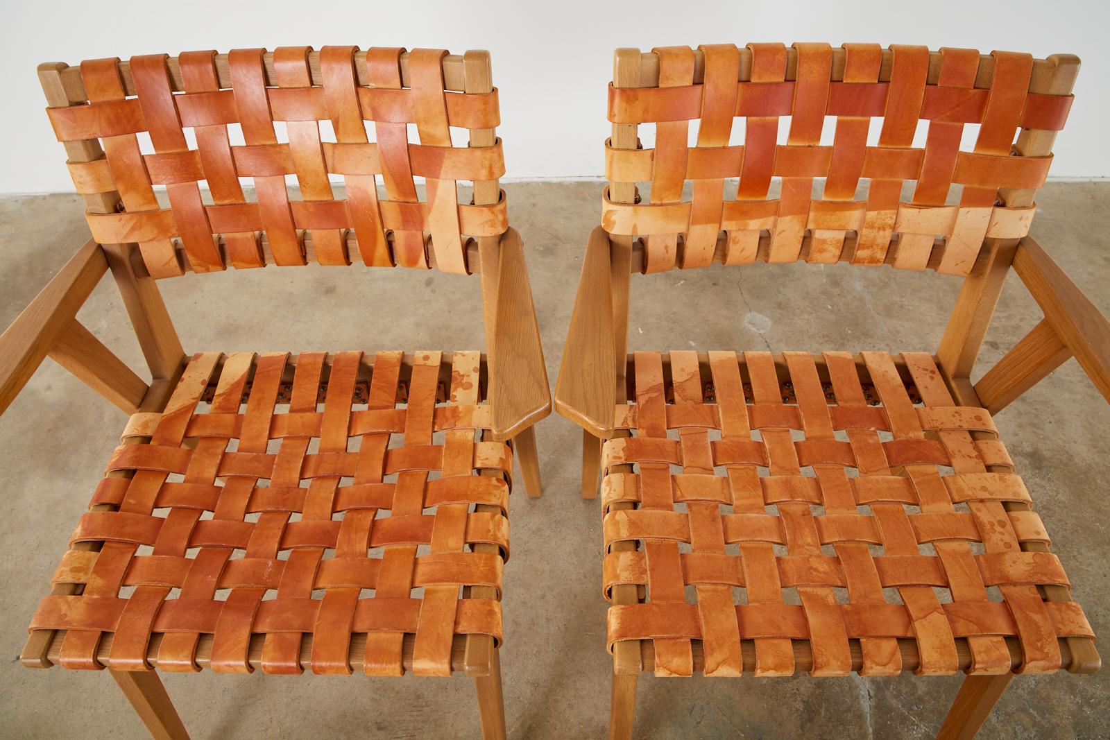 Set of Four Jens Risom Style Woven Leather Strap Dining Armchairs In Good Condition For Sale In Rio Vista, CA