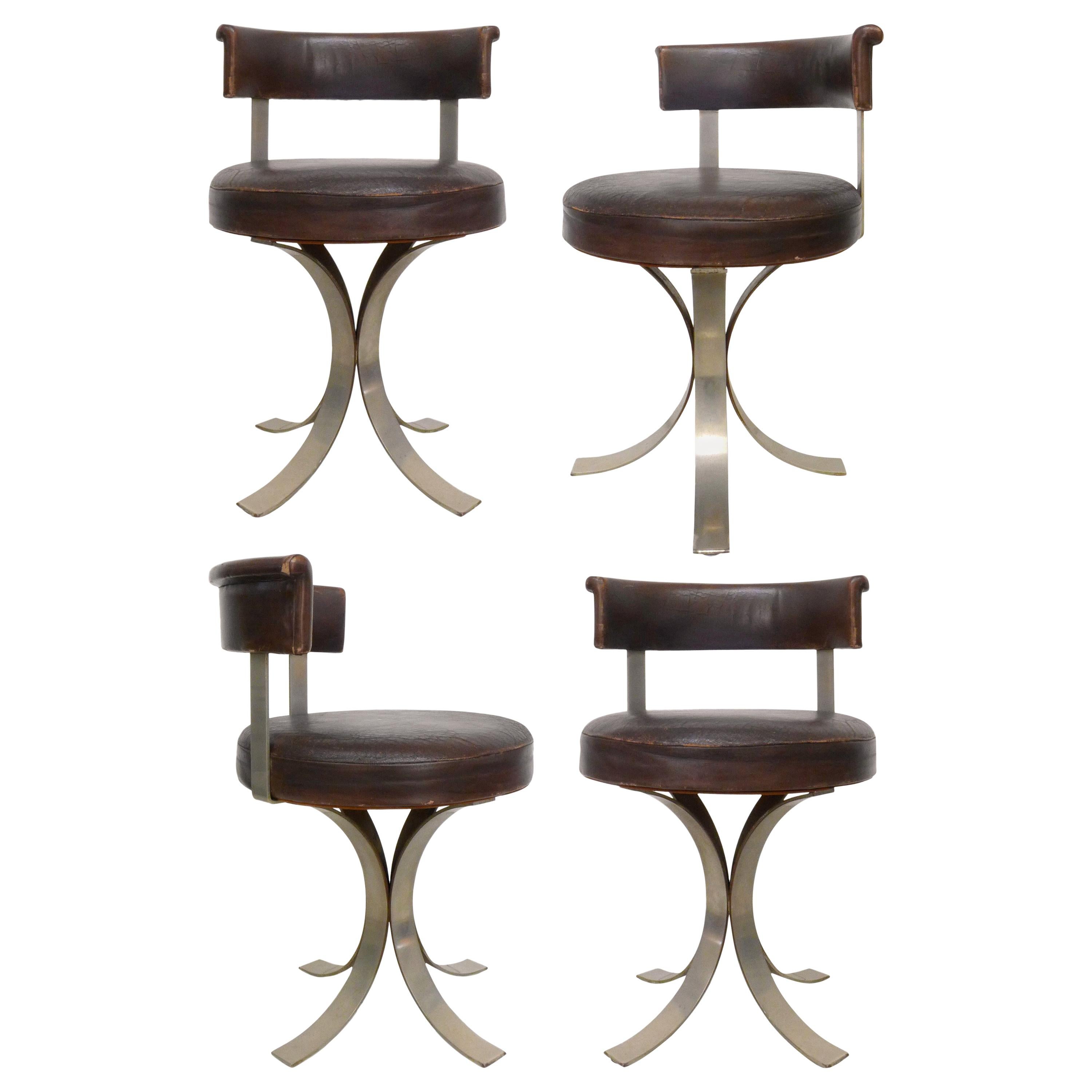 Set of Four French Leatherette and Chromed-Steel Dining Chairs