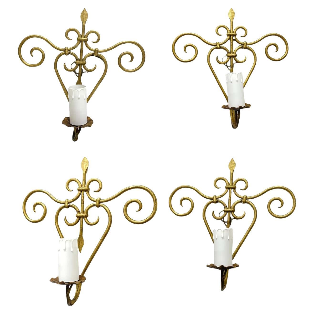 Set of Four French Lily Style Gilt Iron Tole Sconces Gilded Metal, France, 1950s