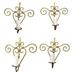 Vintage Set of Four French Lily Style Gilt Iron Tole Sconces Gilded Metal, France, 1950s