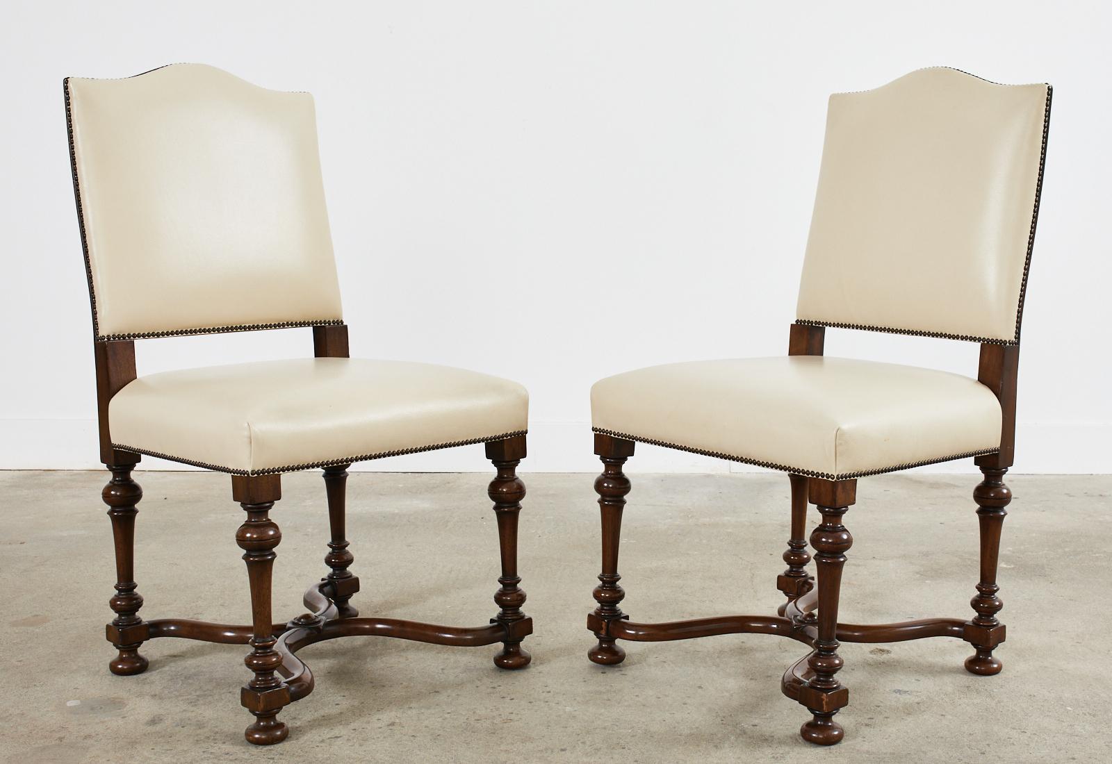 Brass Set of Four French Louis XIV Style Walnut Dining Chairs  For Sale