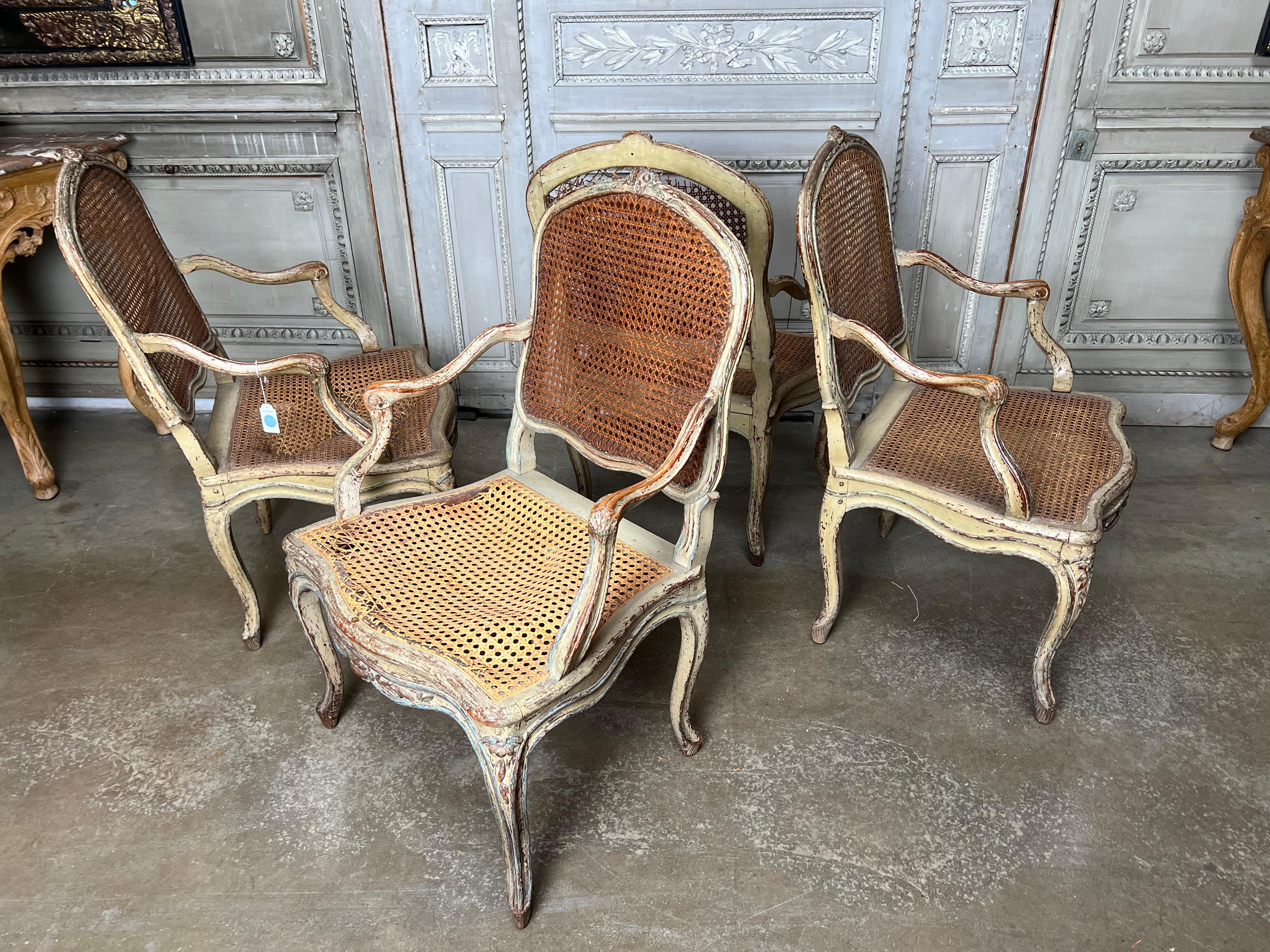 Set of Four 18th Century French Louis XV Gray and Blue Painted and caned Chairs 7
