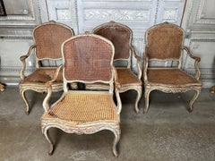 Set of Four 18th Century French Louis XV Gray and Blue Painted and caned Chairs