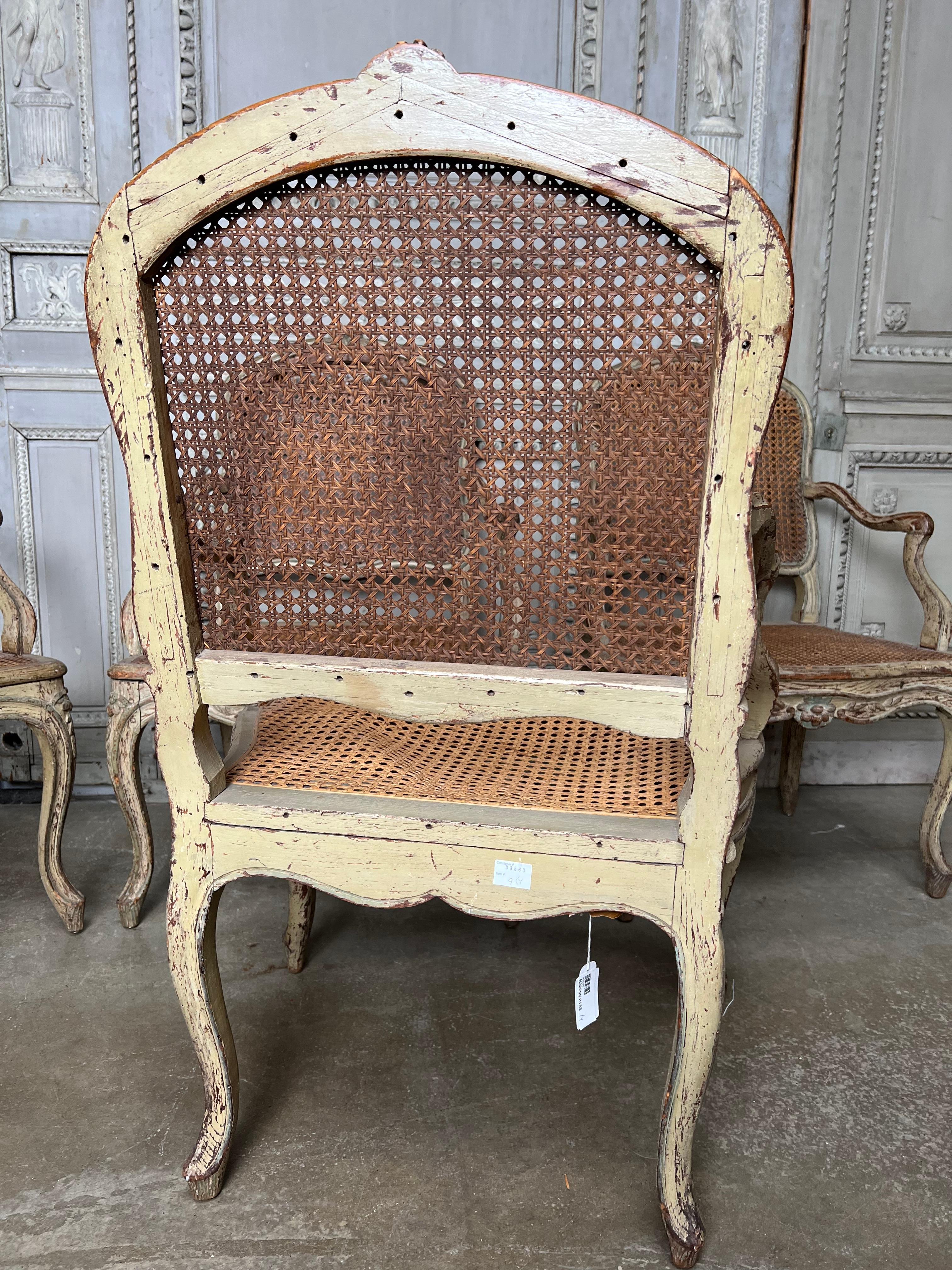 Set of Four 18th Century French Louis XV Gray and Blue Painted and caned Chairs In Fair Condition In Dallas, TX