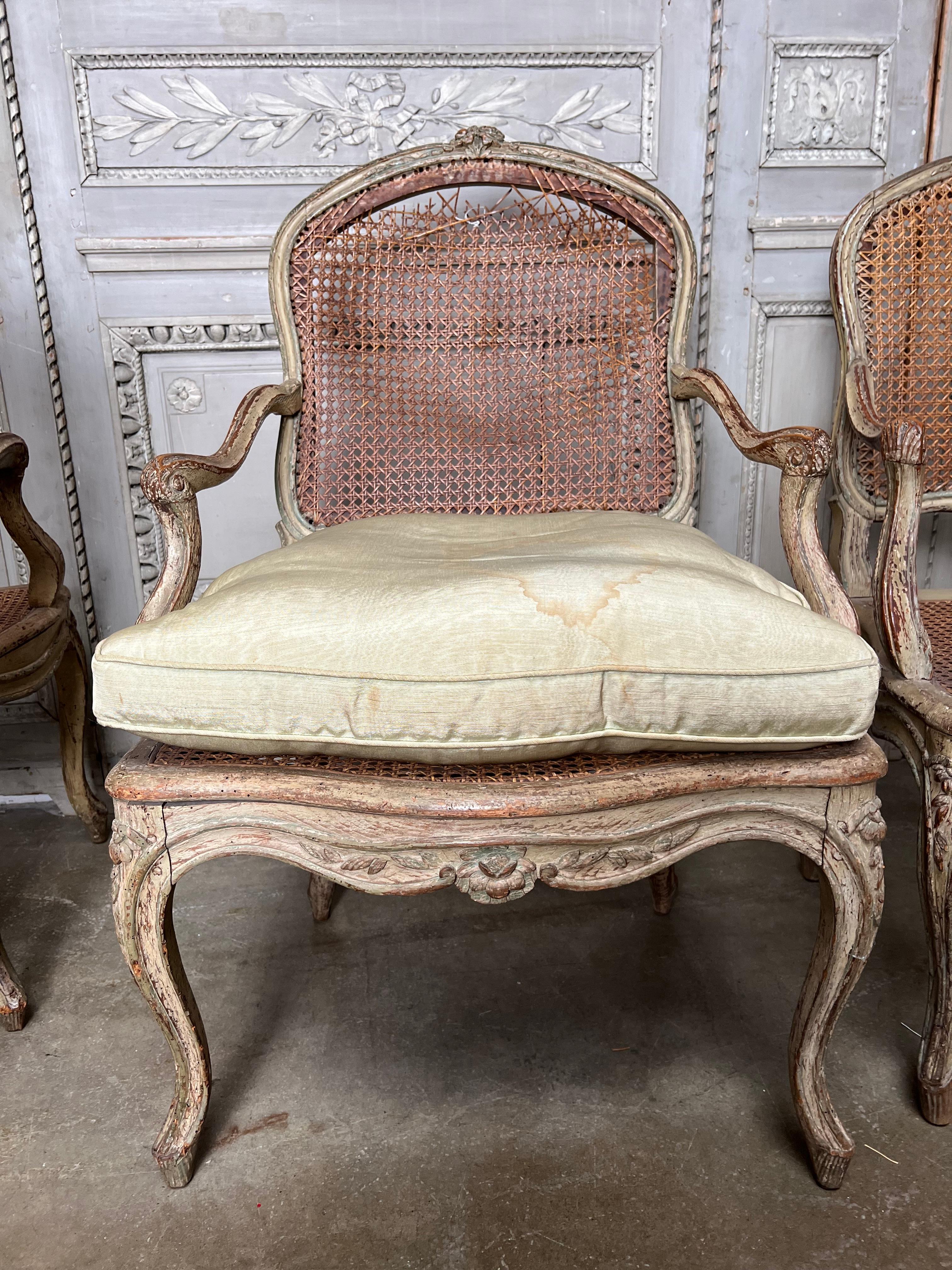 Set of Four 18th Century French Louis XV Gray and Blue Painted and caned Chairs 2