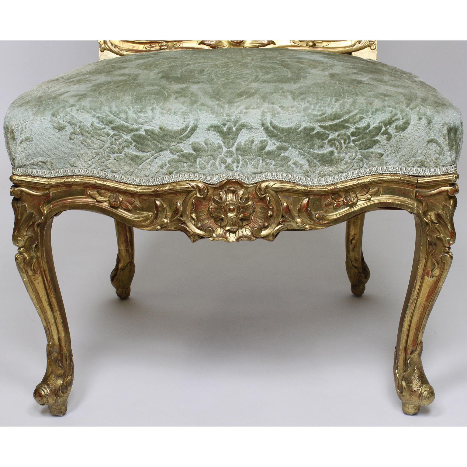 19th Century Set of Four French Louis XV Rococo Style Giltwood Carved Side Chairs For Sale