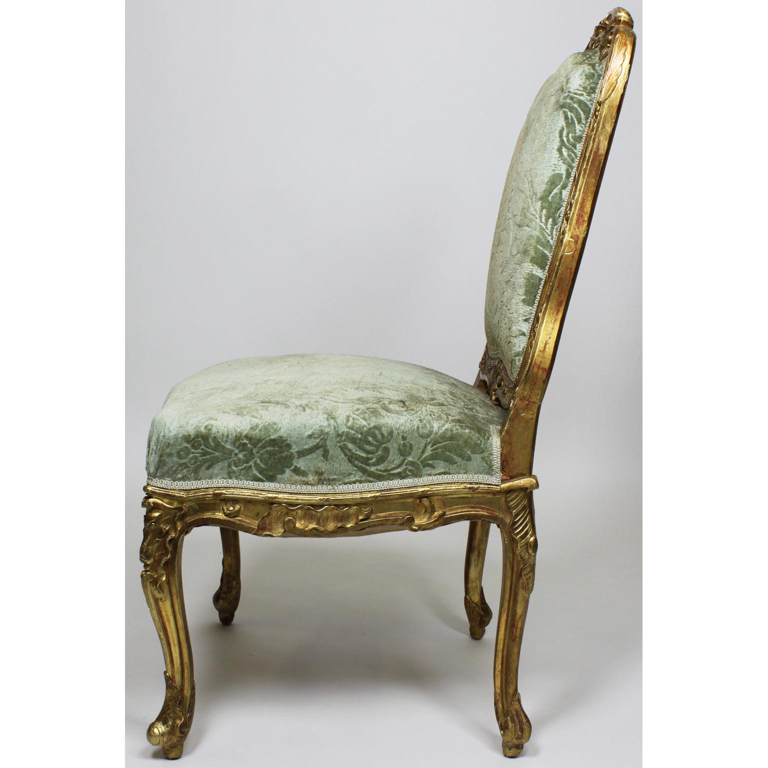 Fabric Set of Four French Louis XV Rococo Style Giltwood Carved Side Chairs For Sale