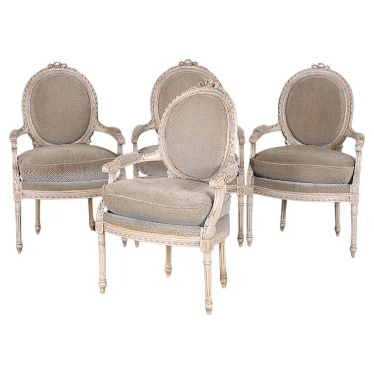 Set of Four French Louis XVI Open Armchairs or Fauteuils For Sale