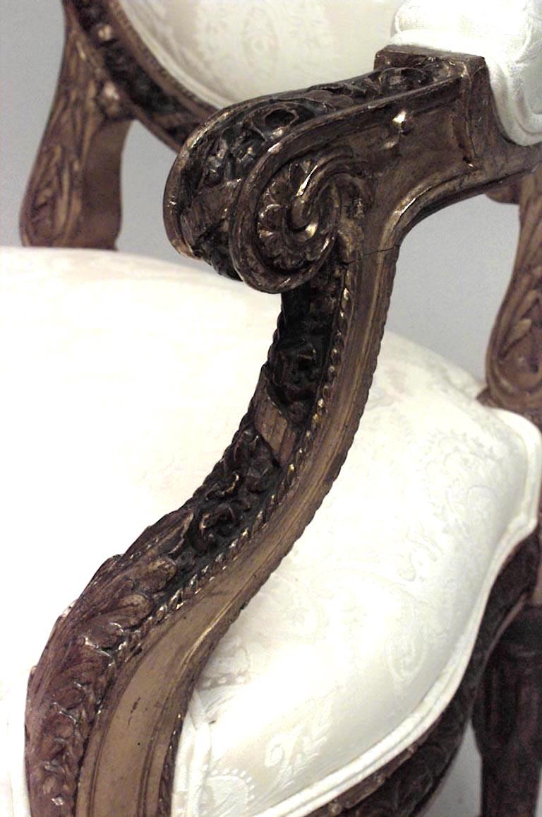 Set of 4 French Louis XVI Damask Arm Chairs For Sale 3