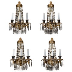 Set of Four French Louis XVI Style Gilt Bronze and Cut Crystal Wall Sconces